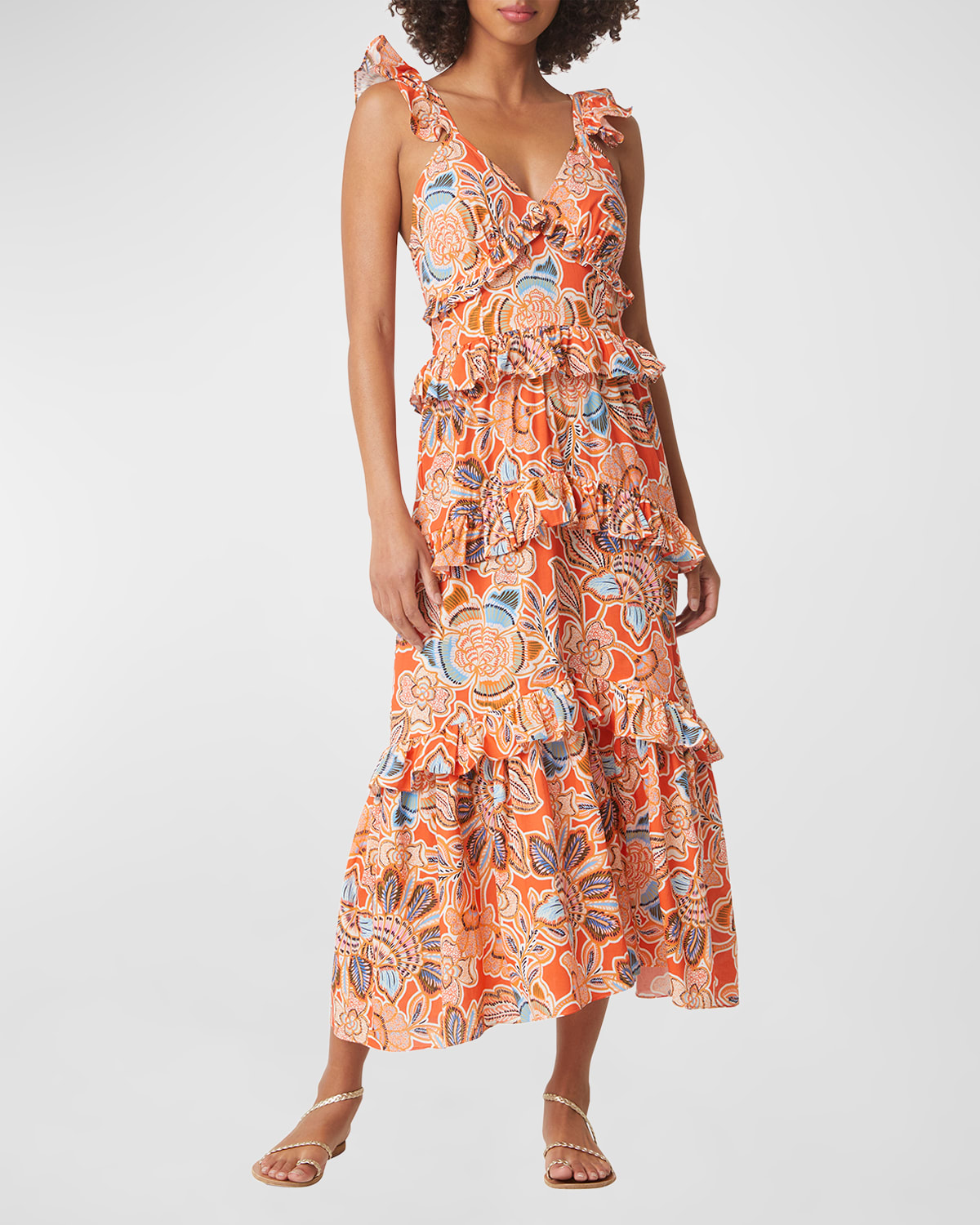 Misa Morrison Sleeveless Floral Poplin Tiered Ruffle Midi Dress In Tangerine Flora