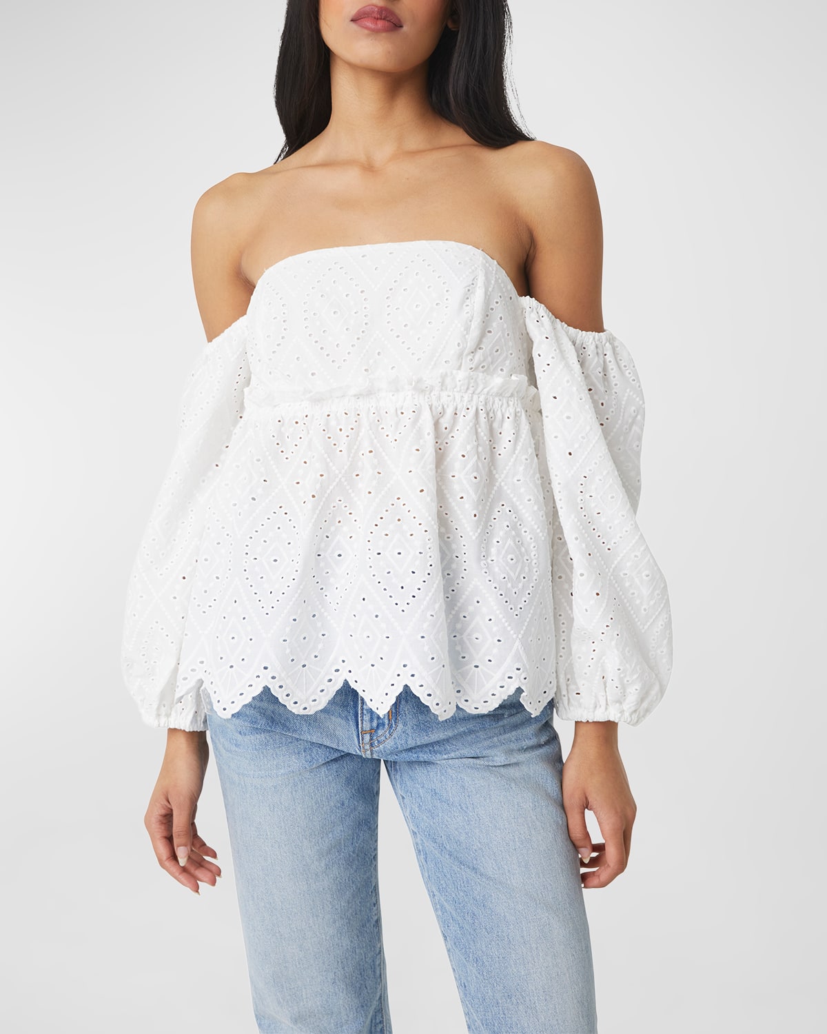 Misa Sera Off-the-shoulder Scalloped Eyelet Top In White Eyelet