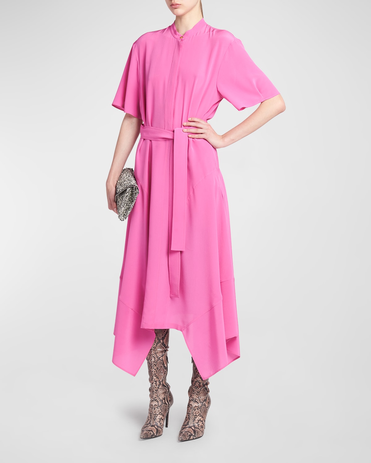 Stella Mccartney Silk Crepe De Chine Midi Dress With Tie Belt In 5050 Honeysuckle