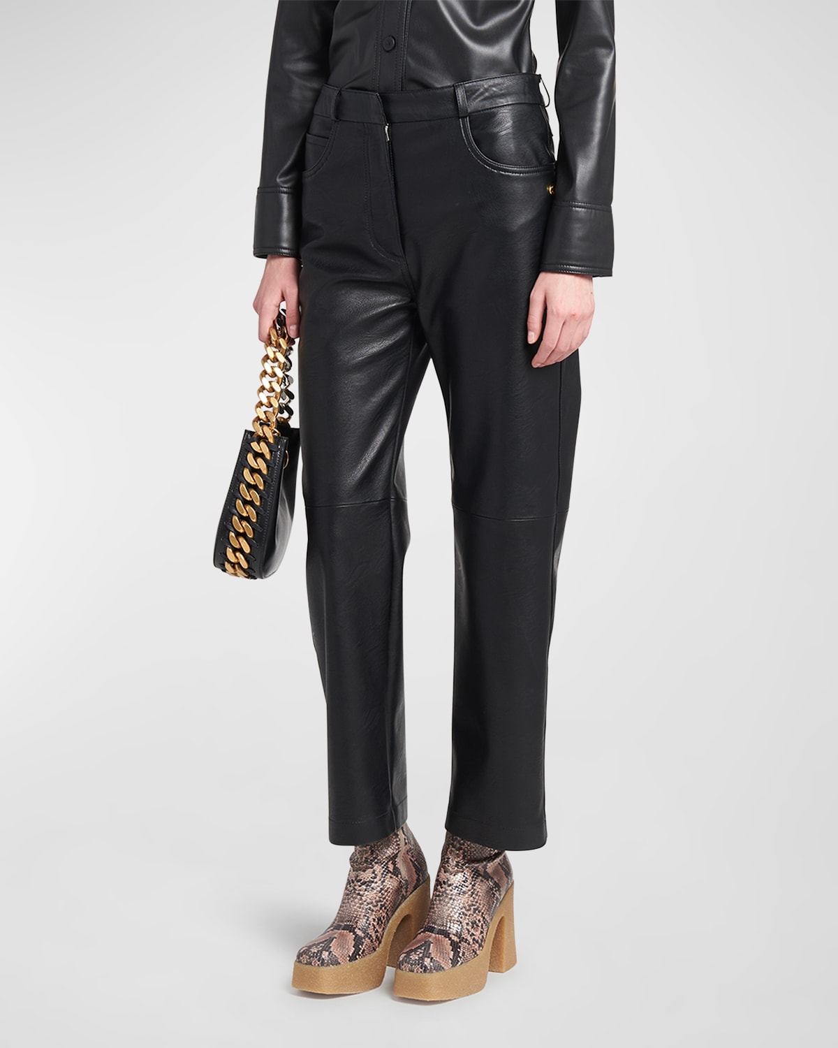 Cropped Faux Leather Straight leg Trousers In Black