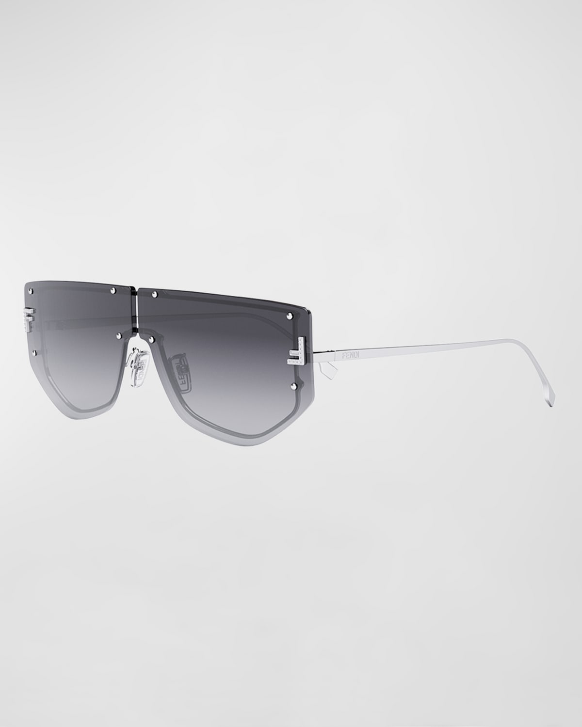 Shop Fendi Embellished F Metal Shield Sunglasses In Shiny Palladium Gradient Smoke