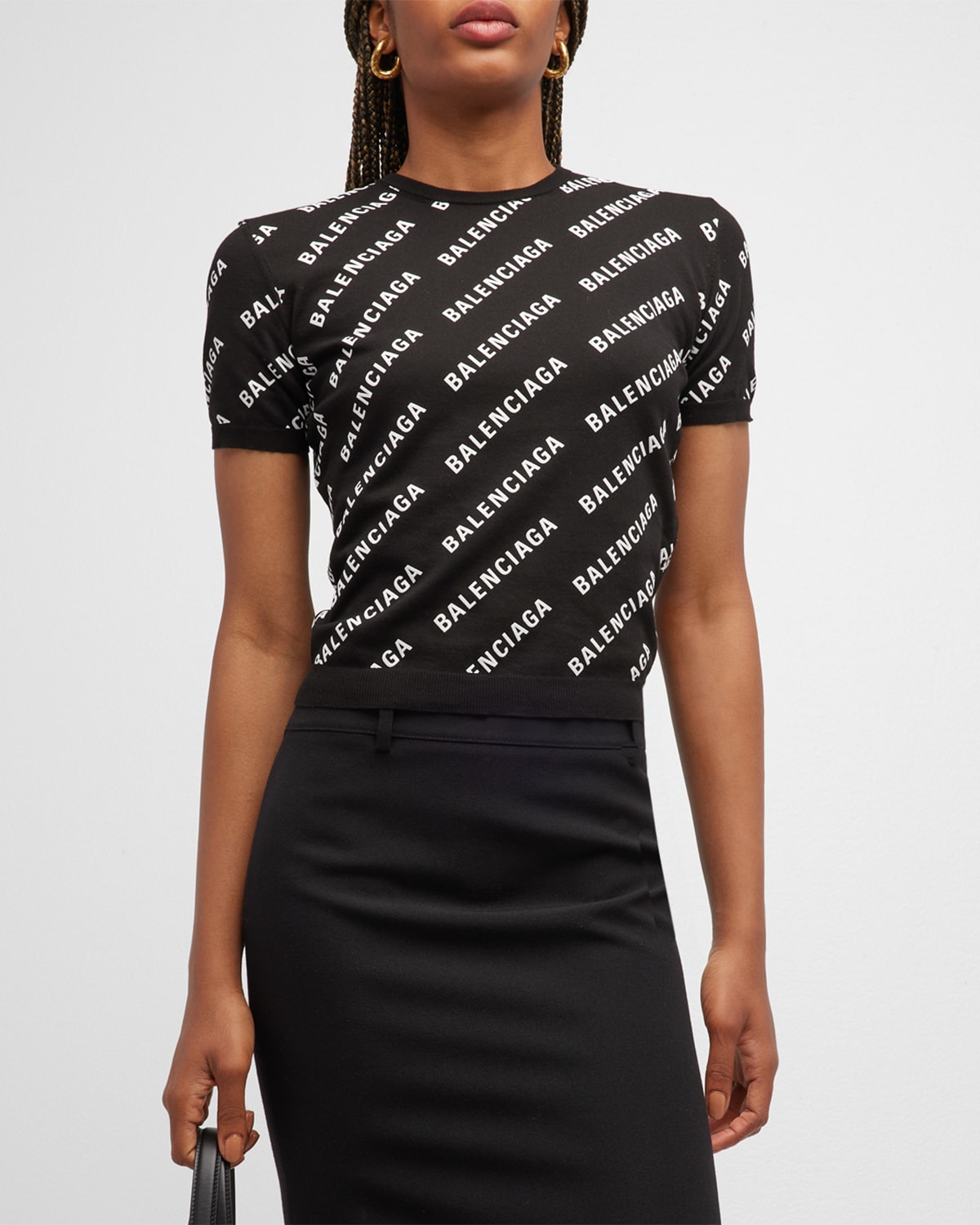 Shop Balenciaga Mini Allover Logo Crop Short Sleeve Sweater In 1070 Black/white