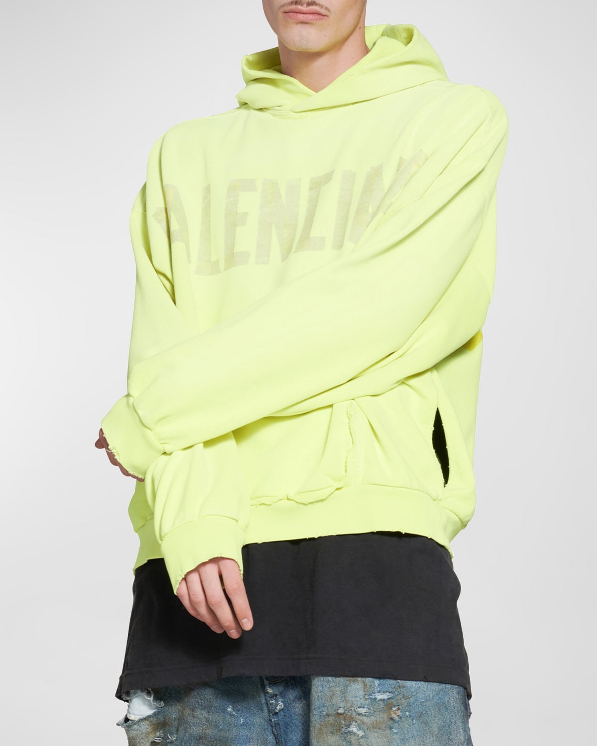 Shop Balenciaga Men's Tape Type Ripped Pocket Hoodie Large Fit In 7204 Fluo Yellow