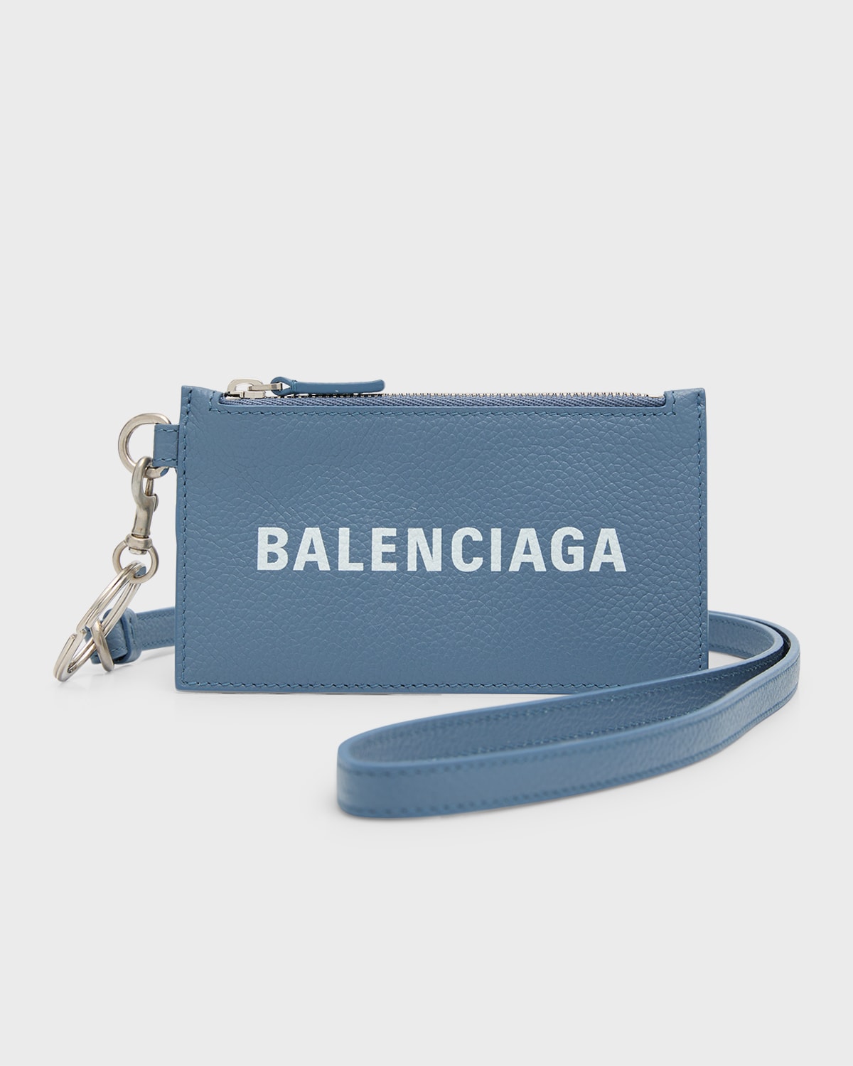 Shop Balenciaga Men's Key Ring Leather Logo Card Case In 4791 Blue Grey/l White