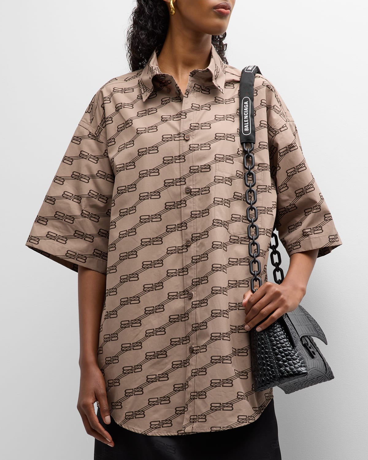 Balenciaga Women s Bb Monogram Short Sleeve Shirt Large Fit In Beige Brown ModeSens