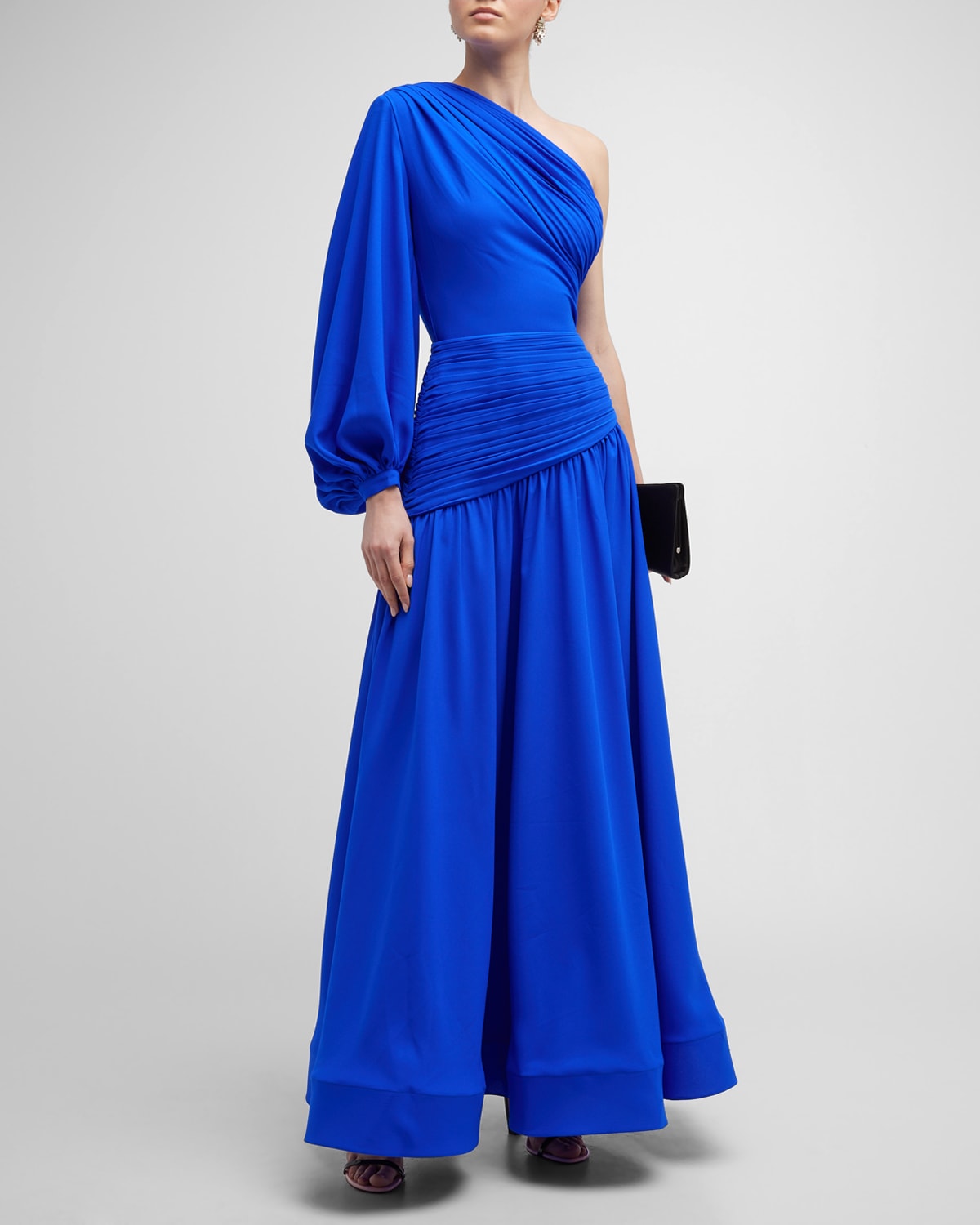 Bronx and Banco Japera Pleated One-Shoulder Balloon-Sleeve Gown