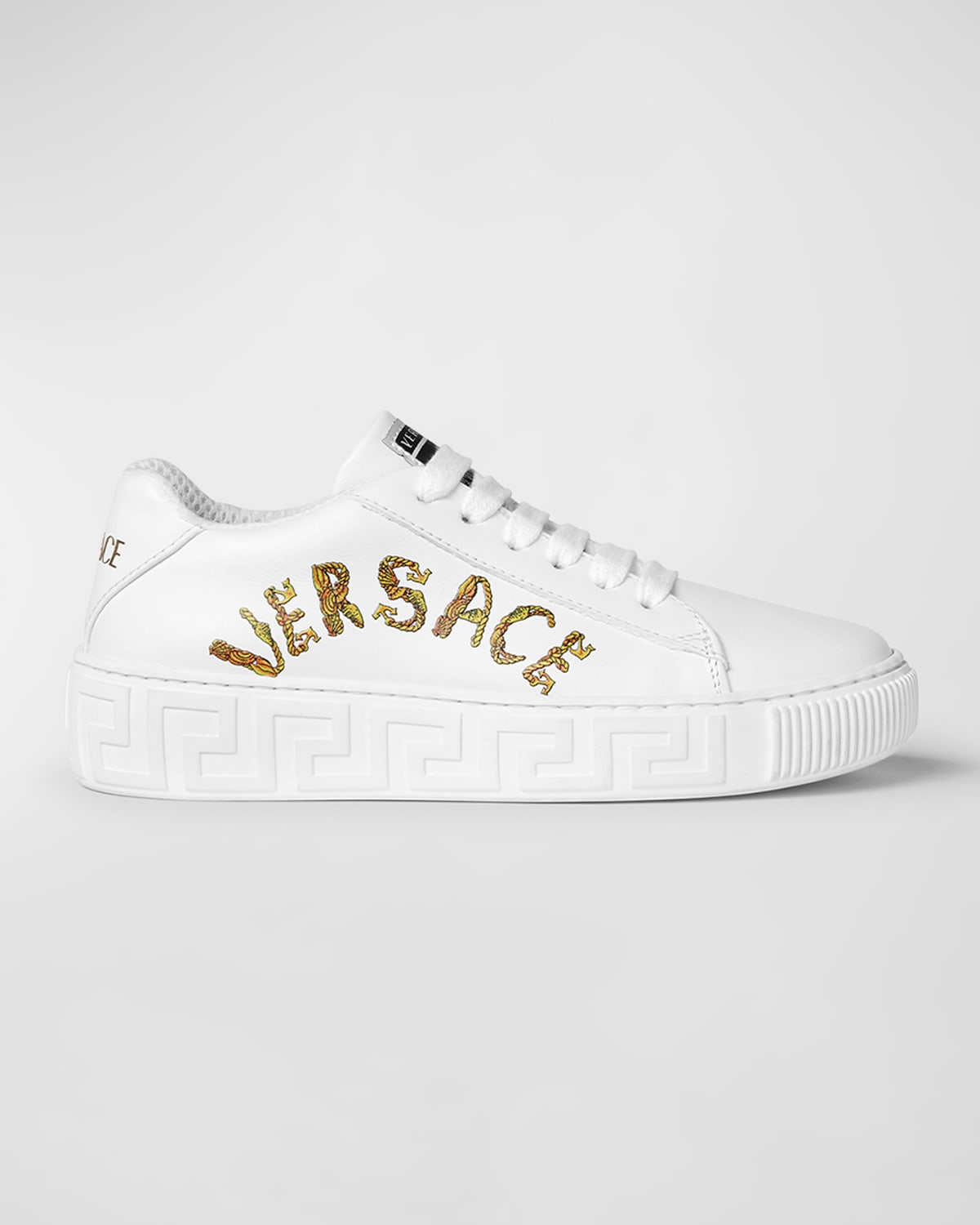 Versace Kid's Logo-print Greca Embossed Trainers, Kids In Whitegold