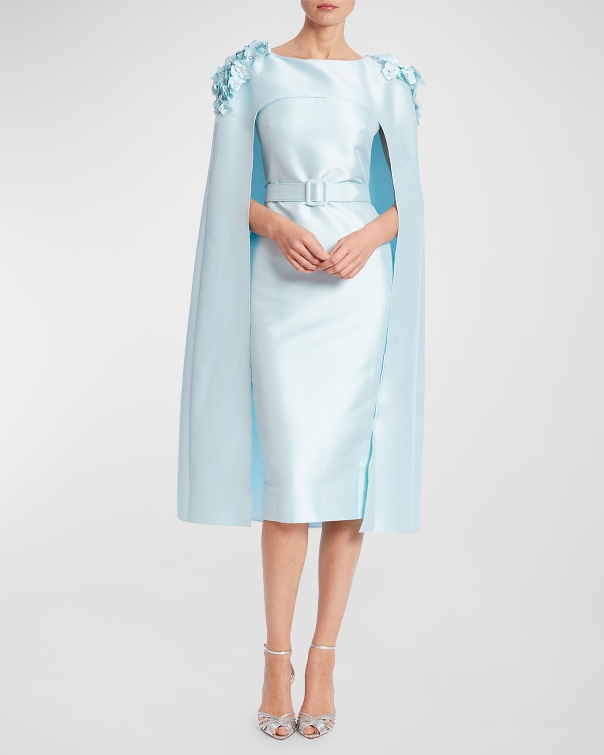Badgley Mischka Collection Belted Floral Applique Cape Midi Dress