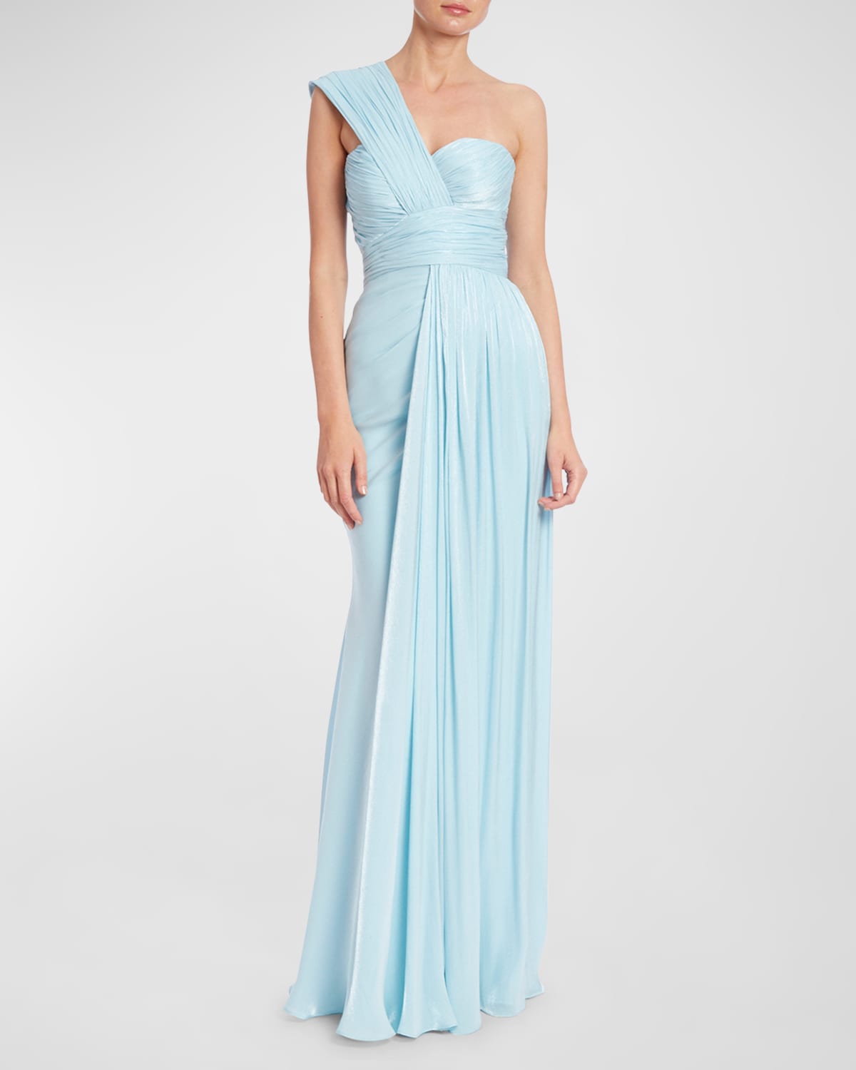 Badgley Mischka Collection One-Shoulder Draped Shimmer Column Gown