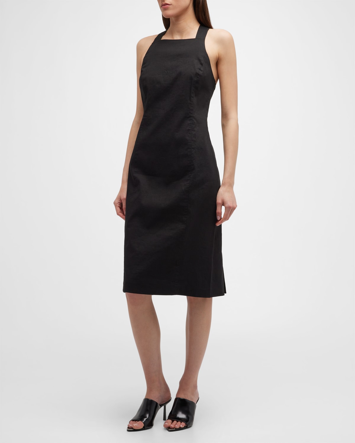 Shop Theory Eco Crunch Cross-back Sleeveless Midi Dress In Blk