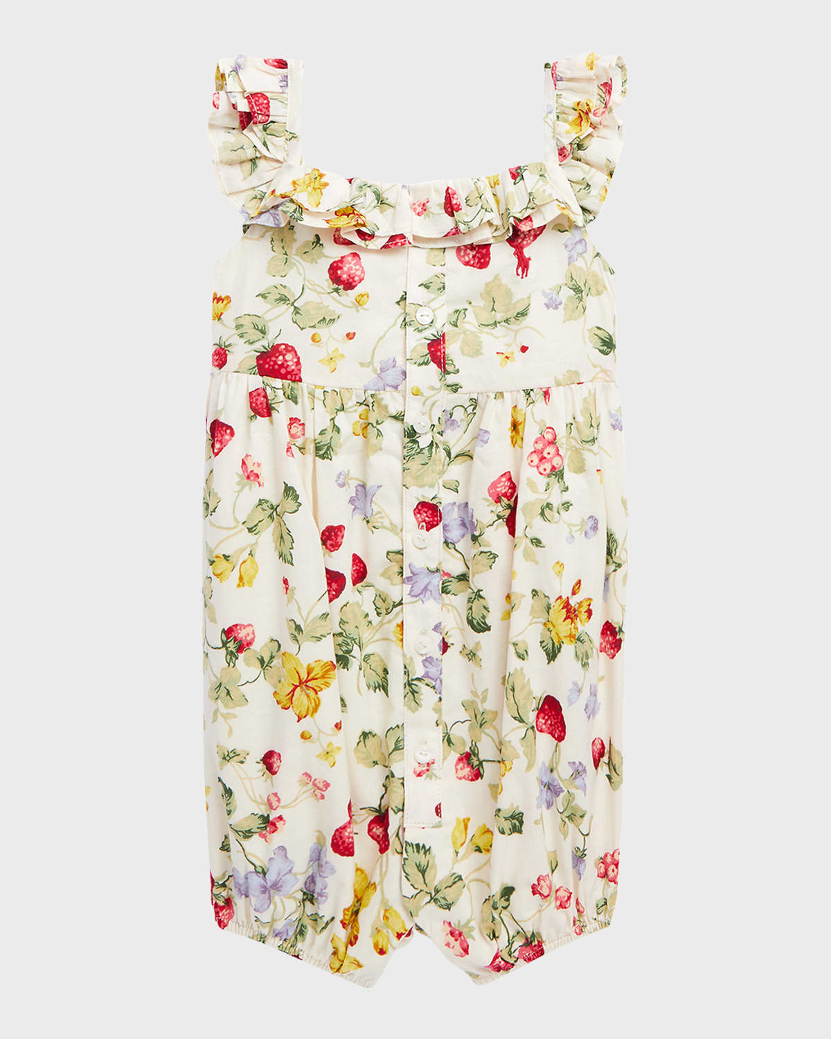 Girl's Floral And Strawberry-Print Shortall, Size 3M-18M