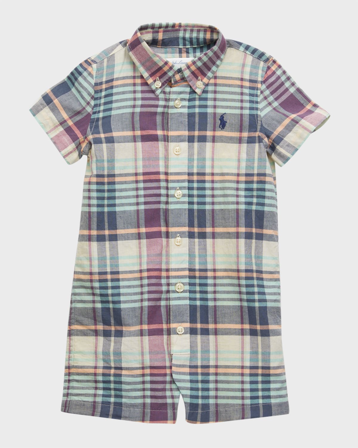 Boy's Plaid-Print Embroidered Shortall, Size 3M-24M