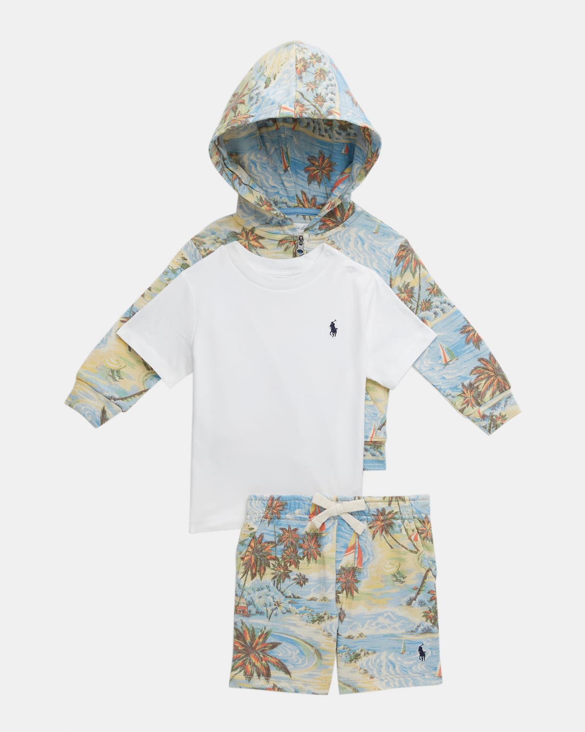 Boy's Graphic Beach-Print Hoodie, Shorts And T-Shirt Set, Size 3M-18M