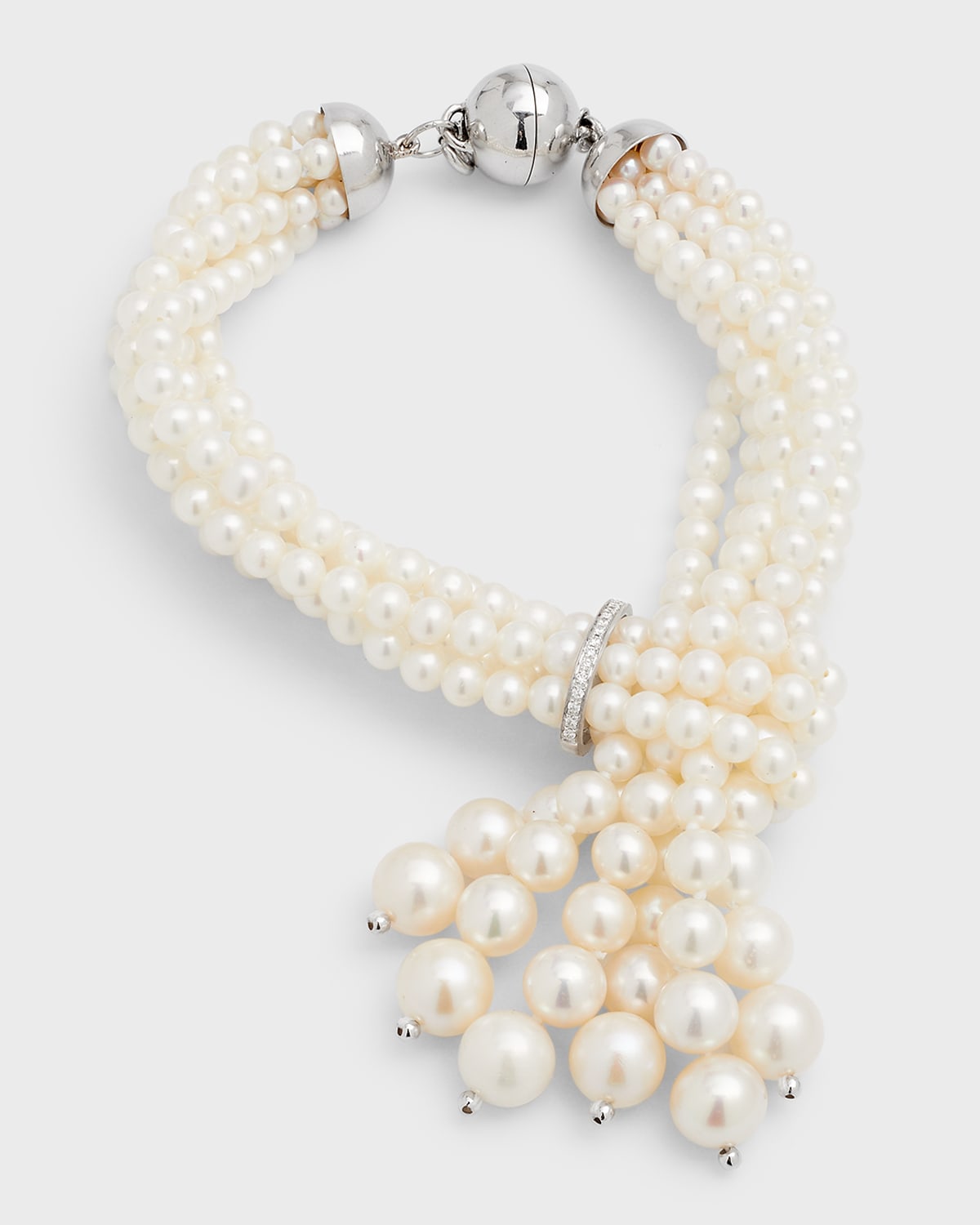 Six-Strand Pearl Tassel Bracelet with Diamonds
