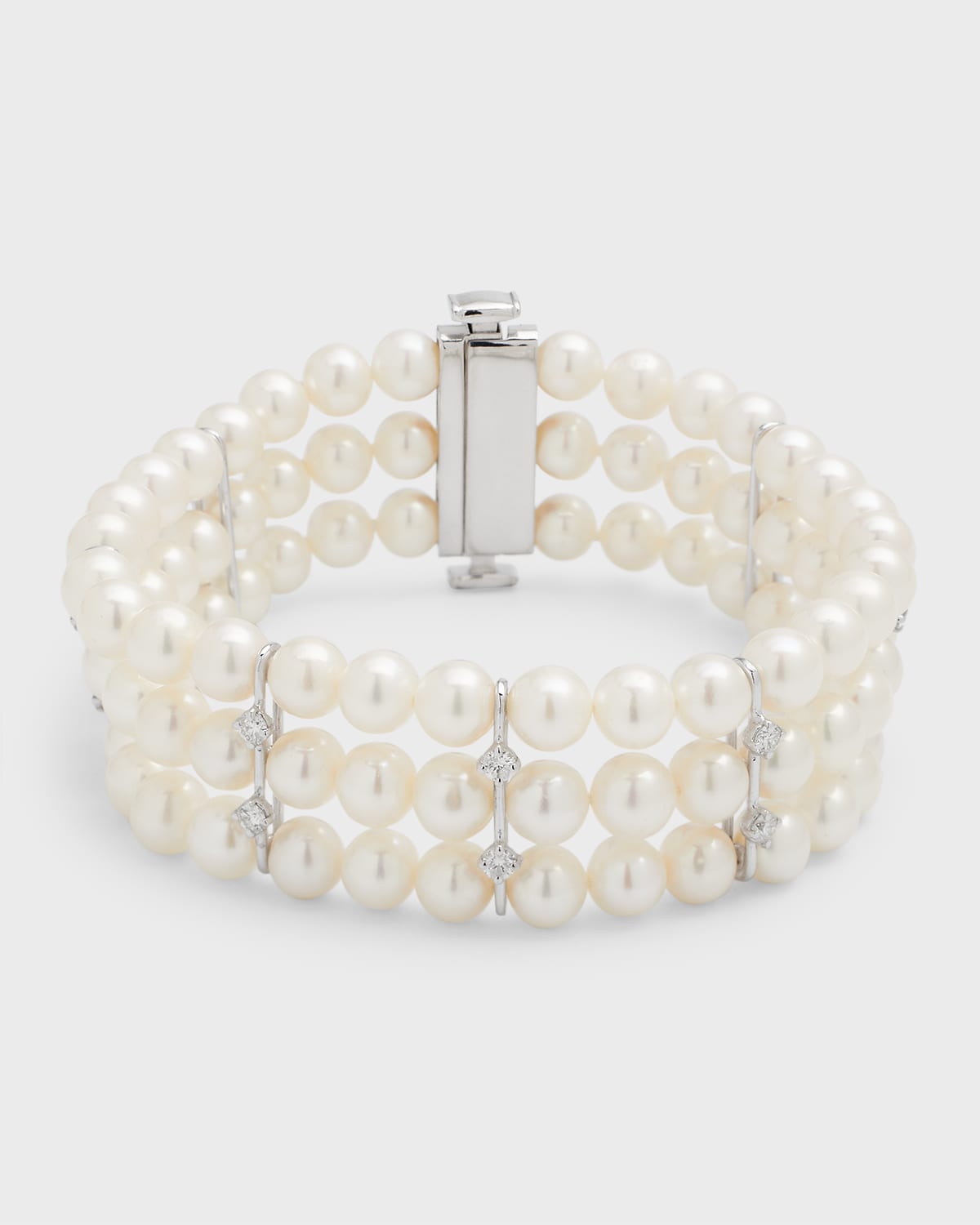 18K White Gold 3 Row Bracelet with Diamonds and Freshwater Pearls, 6-6.5mm
