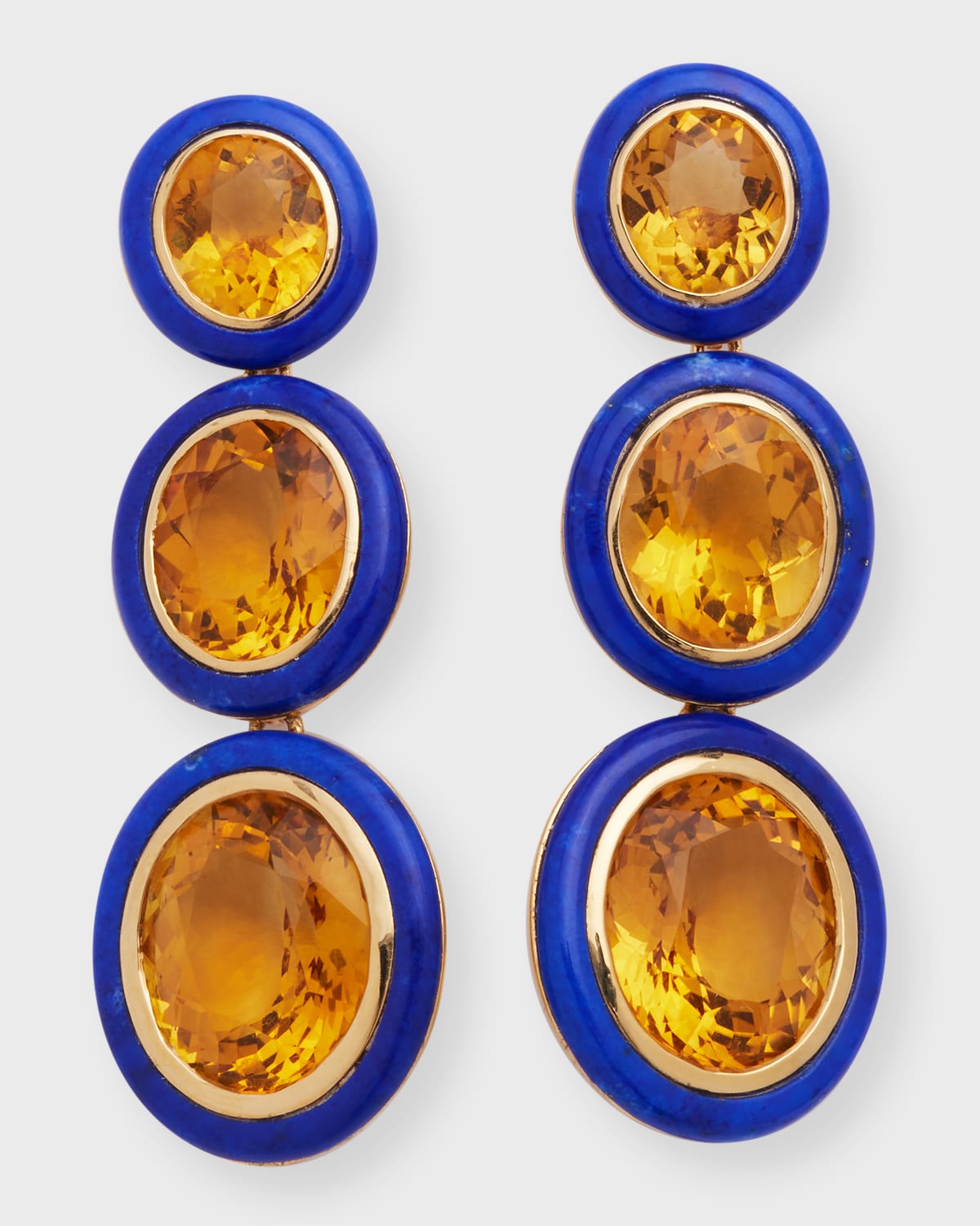 Goshwara Melange 3-Tier Oval Earrings in 18k Gold with Citrine & Lapis