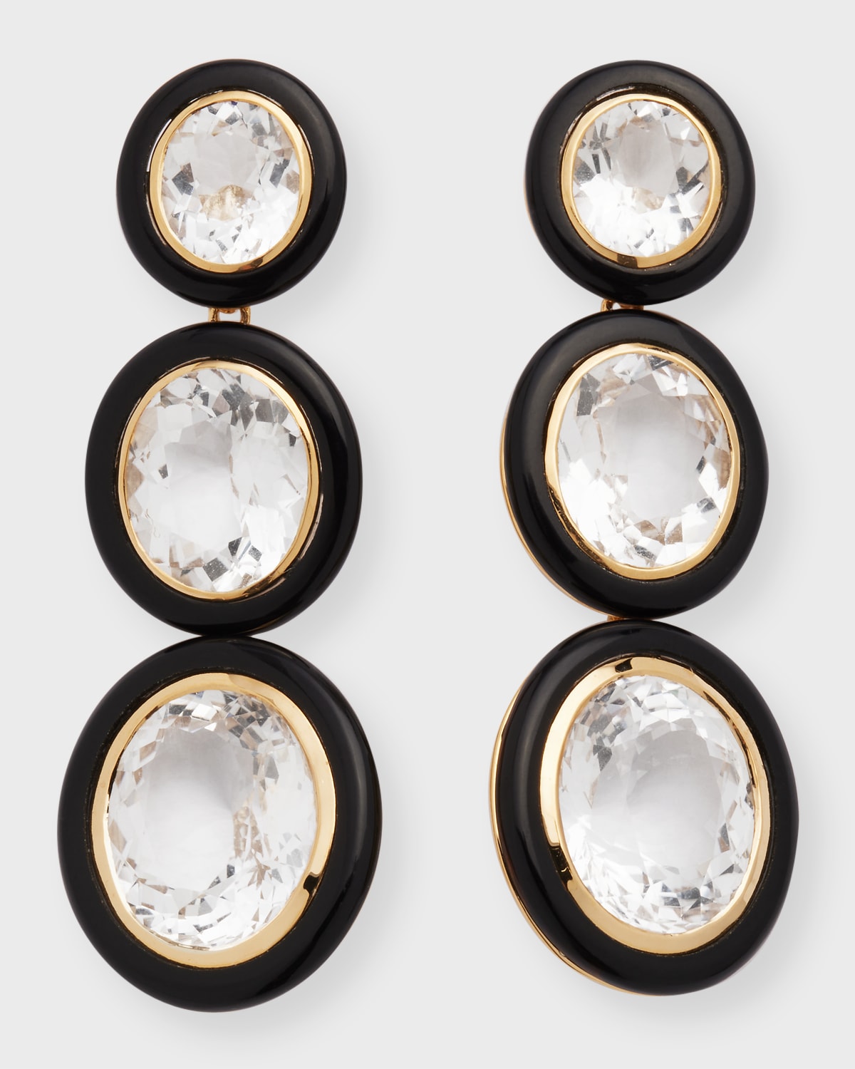 Goshwara Melange 3-Tier Oval Earrings in 18k Gold with Rock Crystal & Onyx