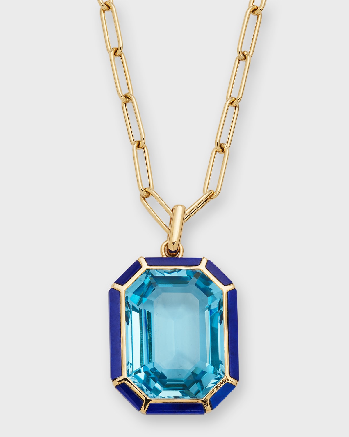 Goshwara 18k Gold Paperclip Chain Necklace with Emerald-Cut Topaz & Lapis Pendant
