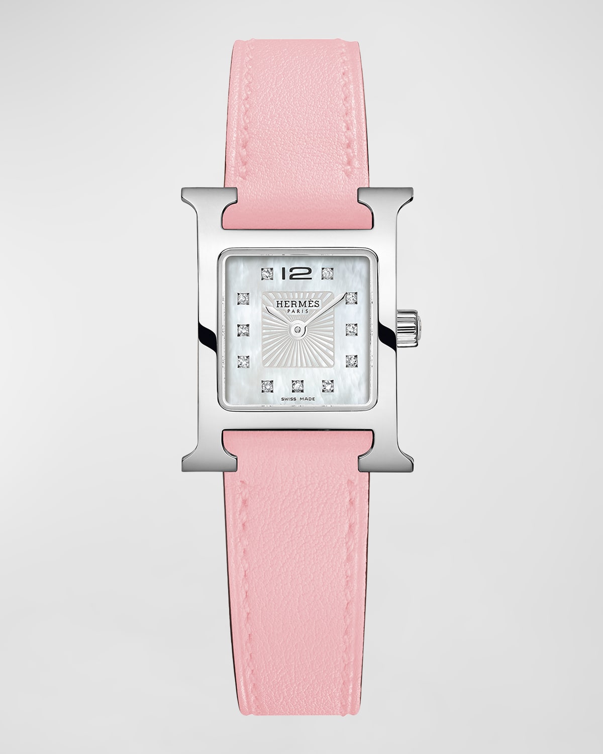 30mm Heure H Diamond Mother-of-Pearl Watch with Leather Strap