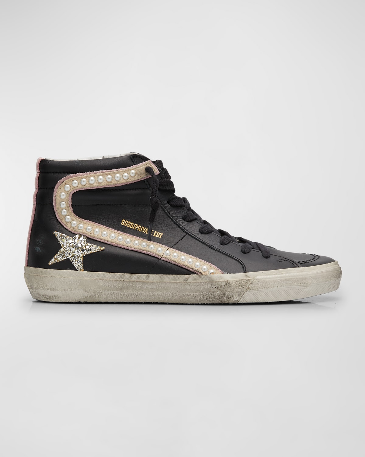 Golden Goose Slide Mid-top Pearly Stud Leather Sneakers In Black