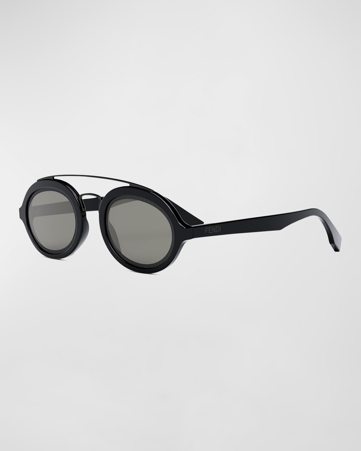 Fendi Men's Acetate Double-bridge Oval Sunglasses In Shiny Black Smoke