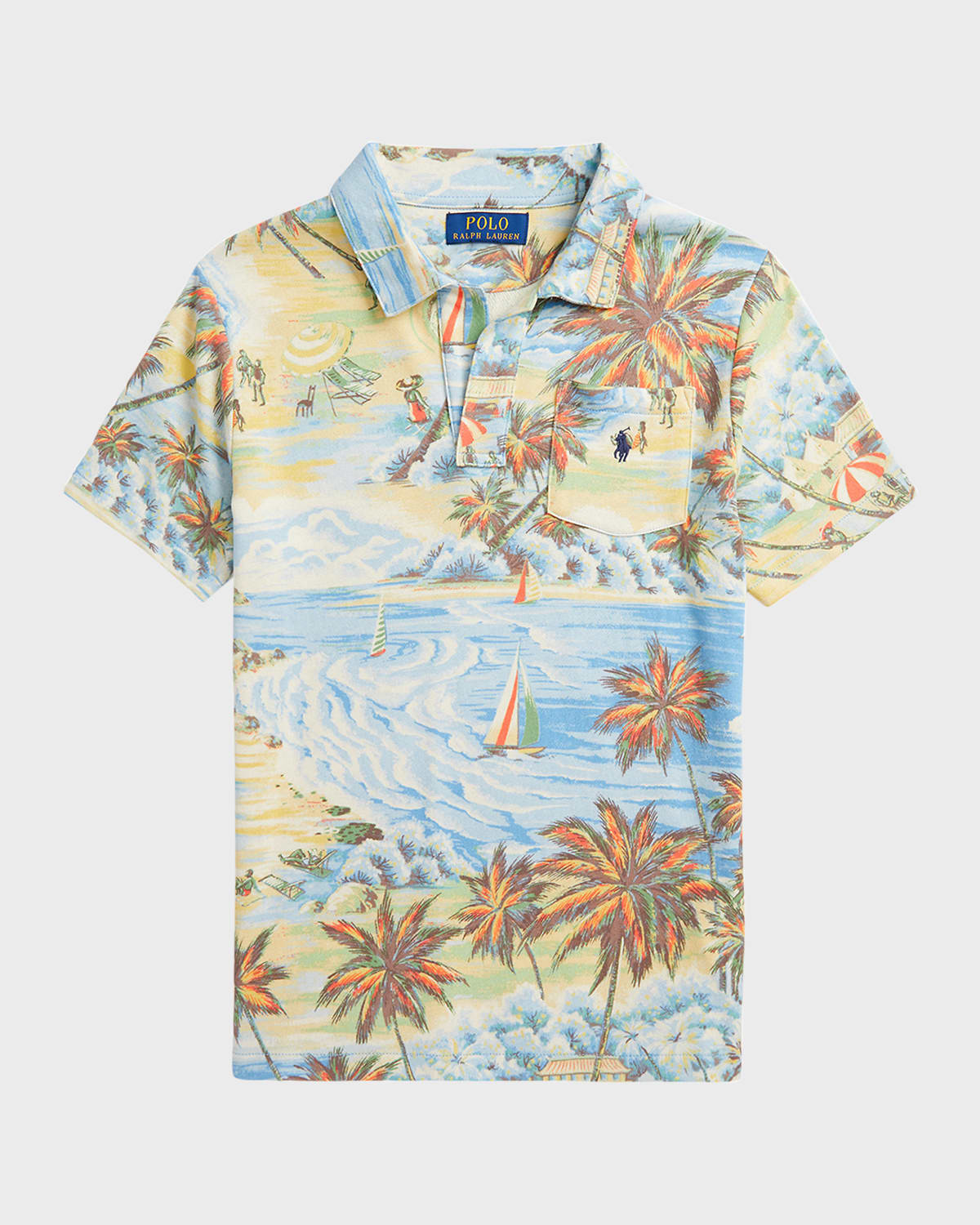 Boy's Tropical-Print Polo Shirt, Size 5-7