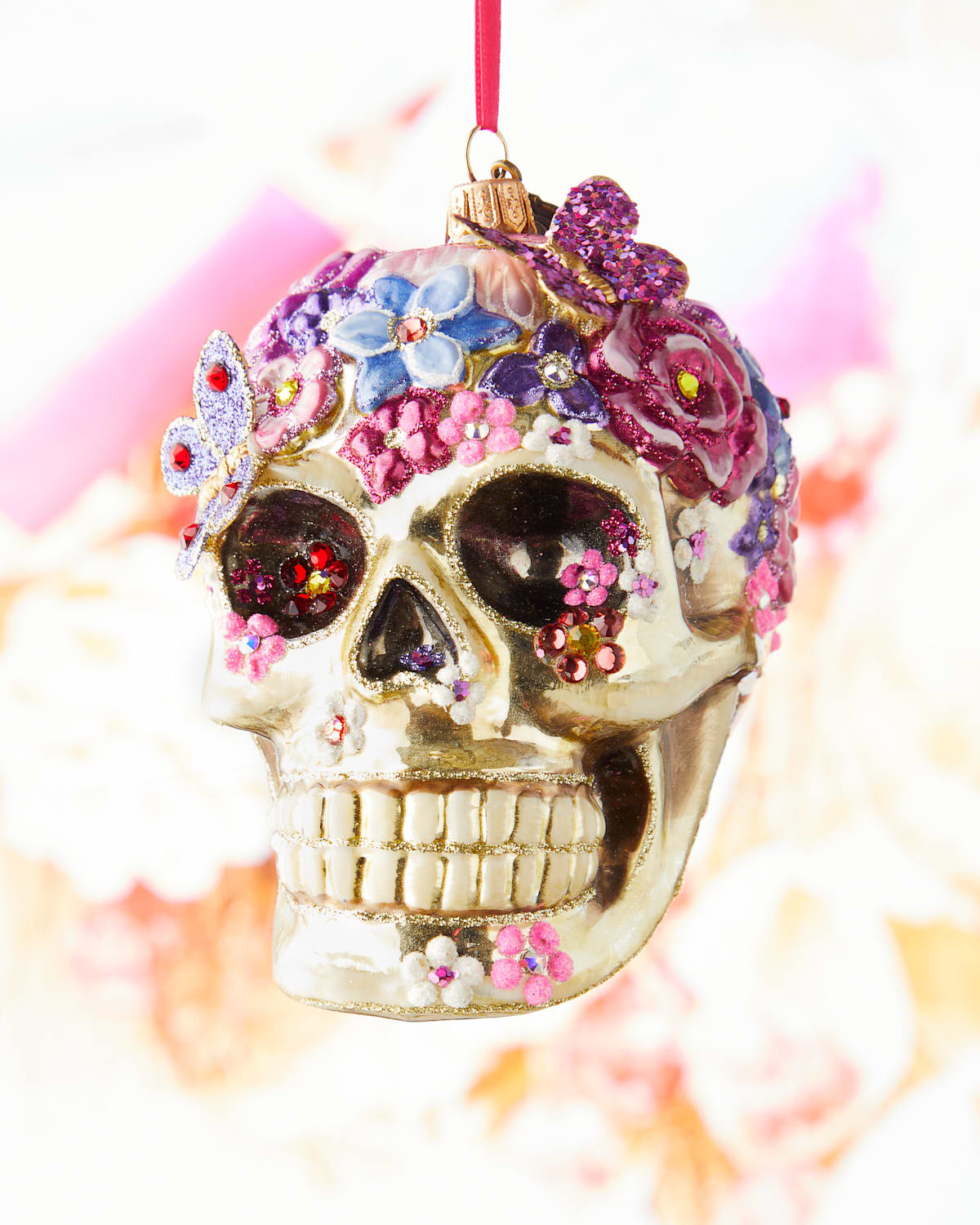 Jay Strongwater Floral Skull Christmas Ornament In Jewel