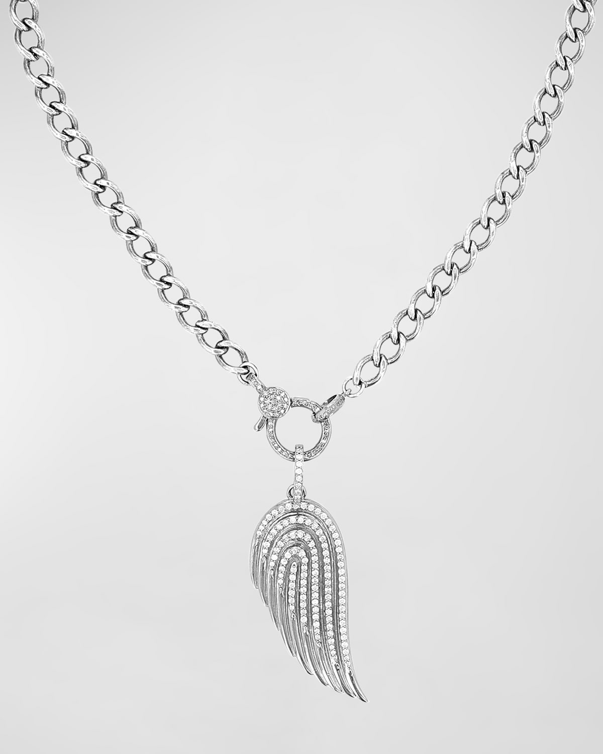 Curb Chain Wing Pendant Necklace with Diamond Clasp