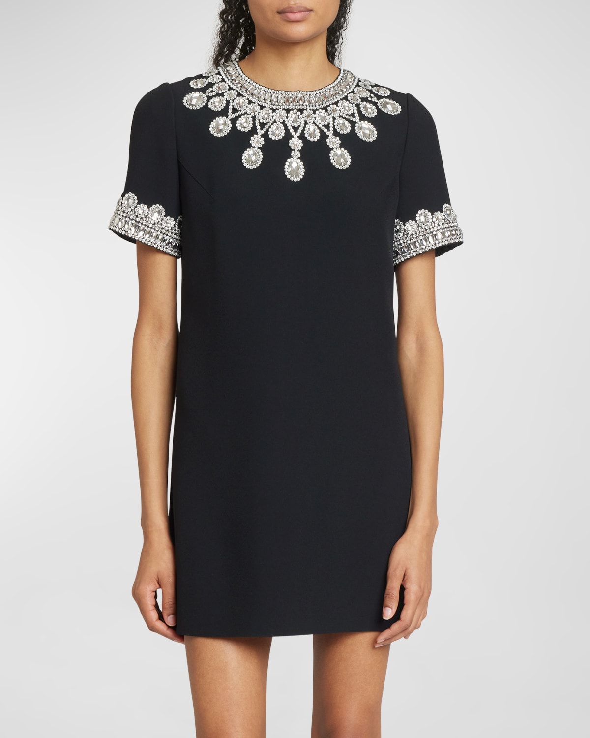 Andrew Gn Woven Shift Dress With Crystal Trim In Black