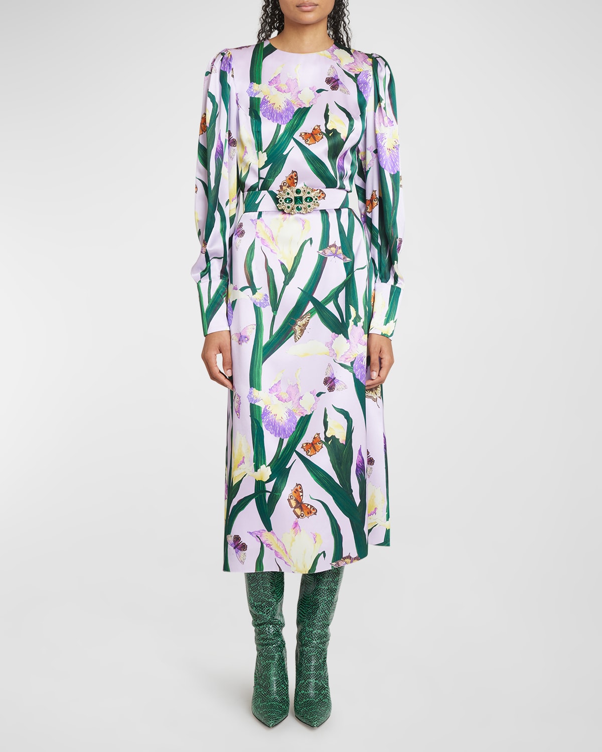 Andrew Gn Garden-print Puff-sleeve Belted Silk Midi Dress In Lilac