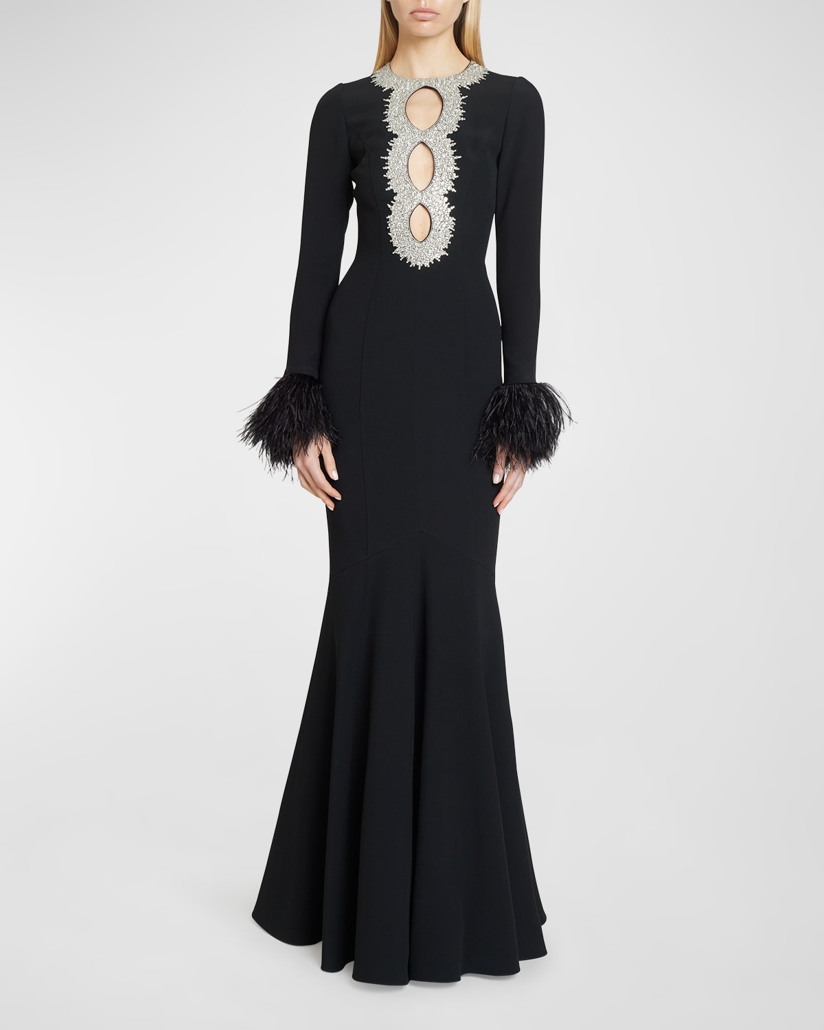 ANDREW GN CRYSTAL-KEYHOLE LONG-SLEEVE FEATHER-TRIM WOVEN GOWN