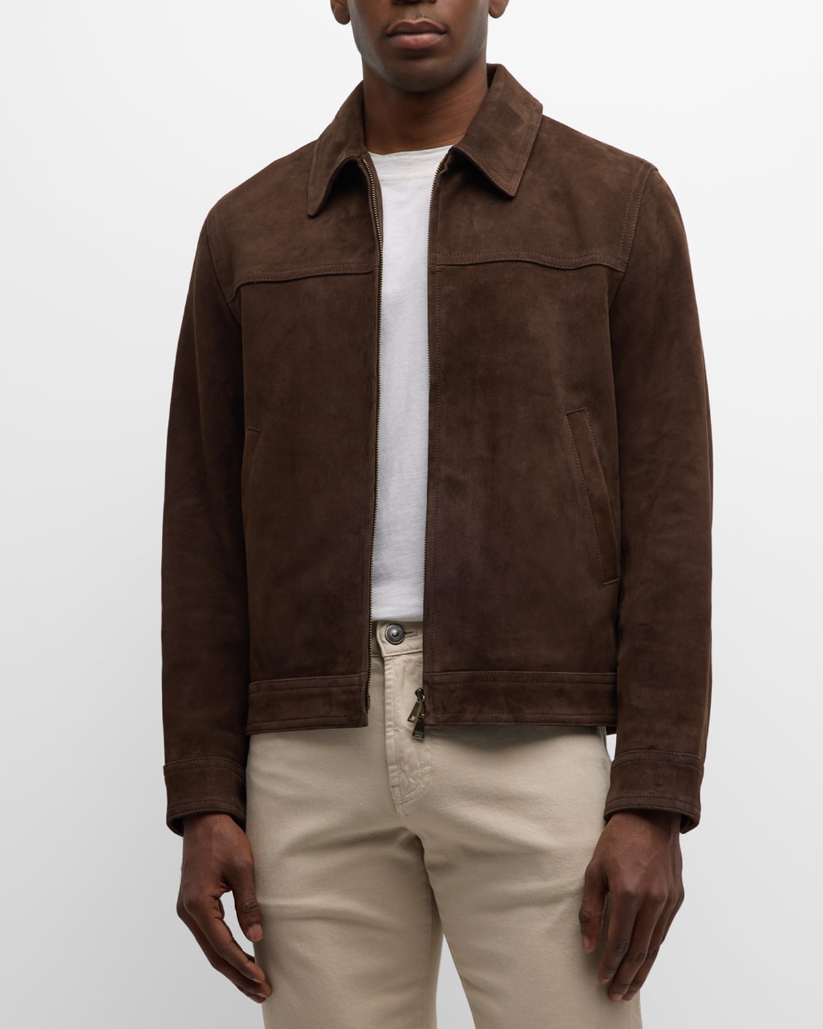 Neiman Marcus Men's Suede Full-zip Jacket In Brown