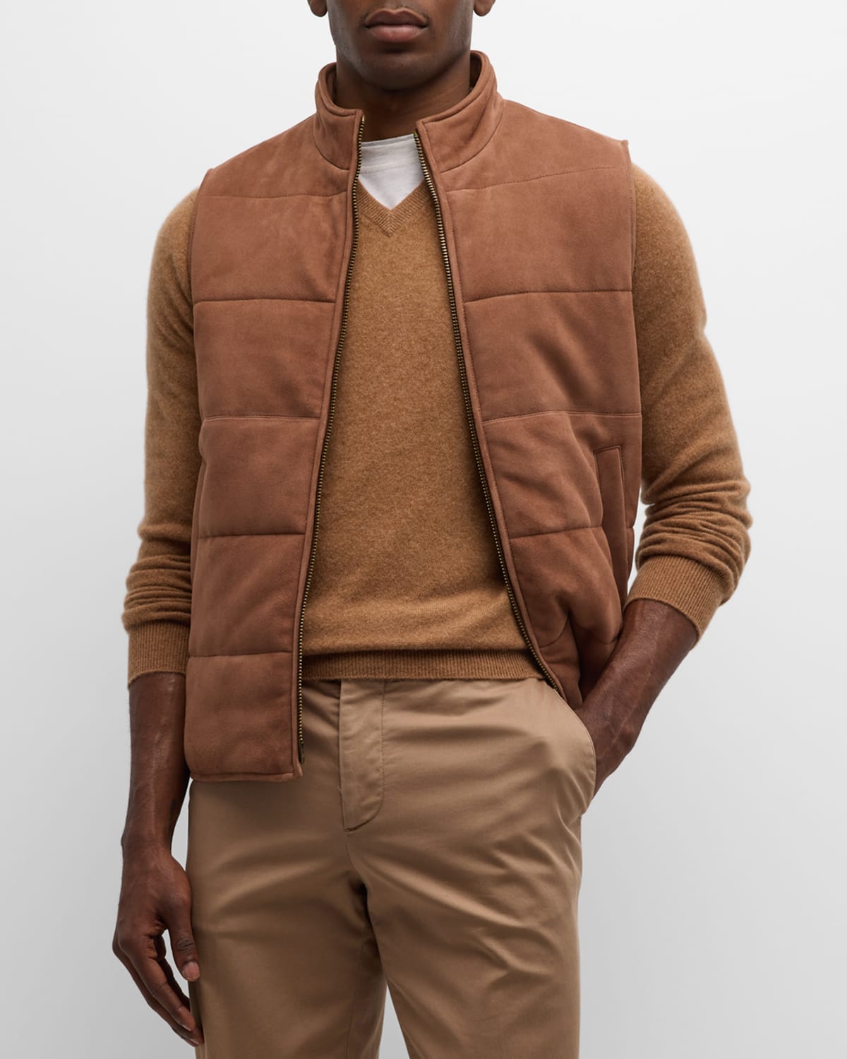 Neiman Marcus Men's Suede Padded Vest In Light Brown
