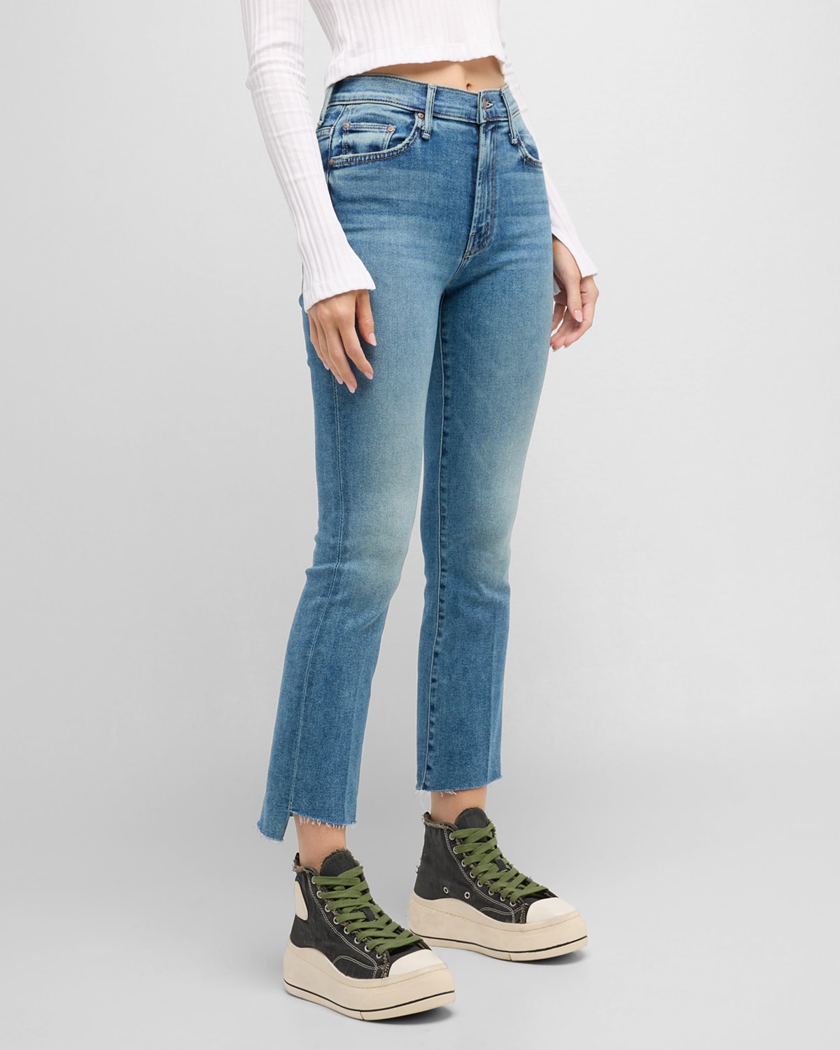 Mother The Insider High Rise Crop Step Fray Bootcut Jeans In Juicin