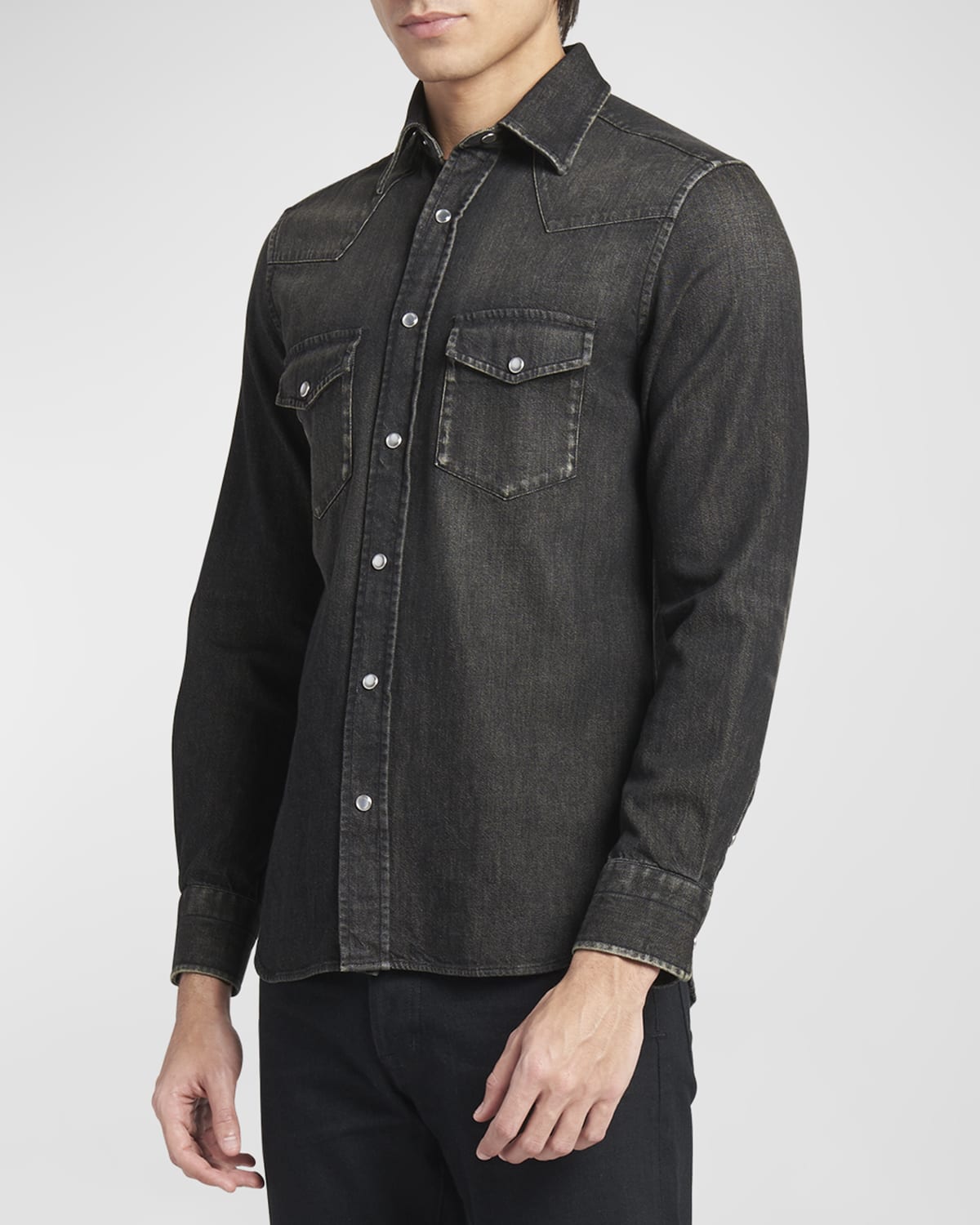Tom Ford Men's Western Twill Sport Shirt In Washed Black