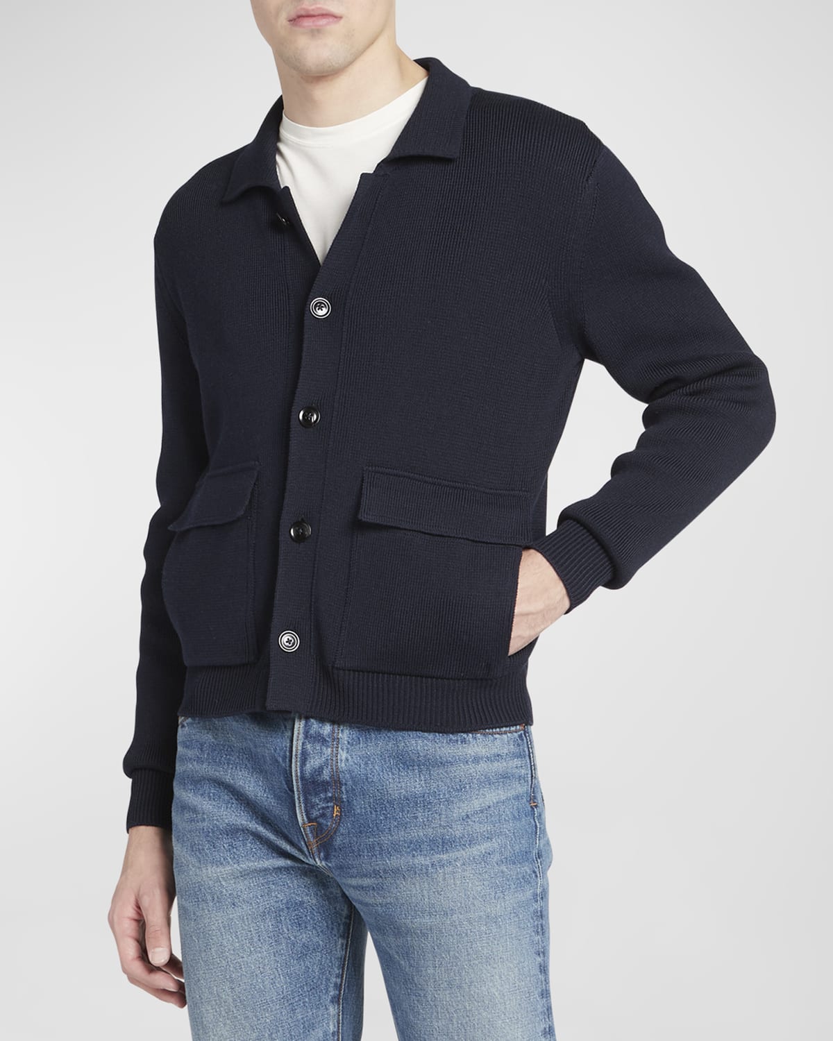 Shop Tom Ford Men's Wool-silk Knit Overshirt In Blue