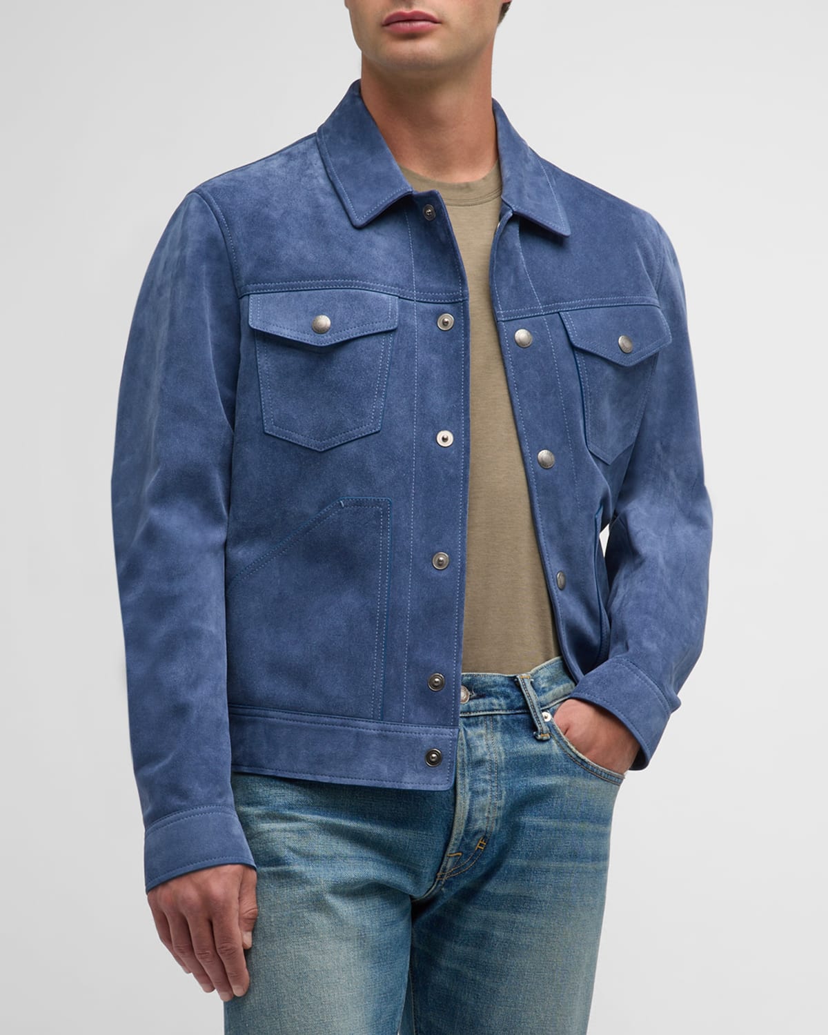 Tom Ford Men's Brushed Suede Western Blouson Jacket In Blue