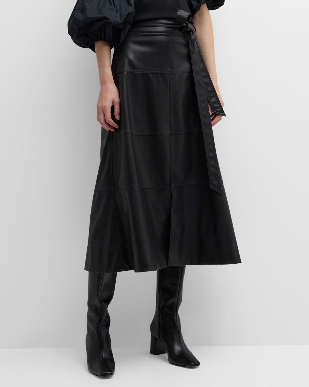 Shop Tanya Taylor Hudson Faux Leather Belted Tiered Seam Midi Skirt In Black