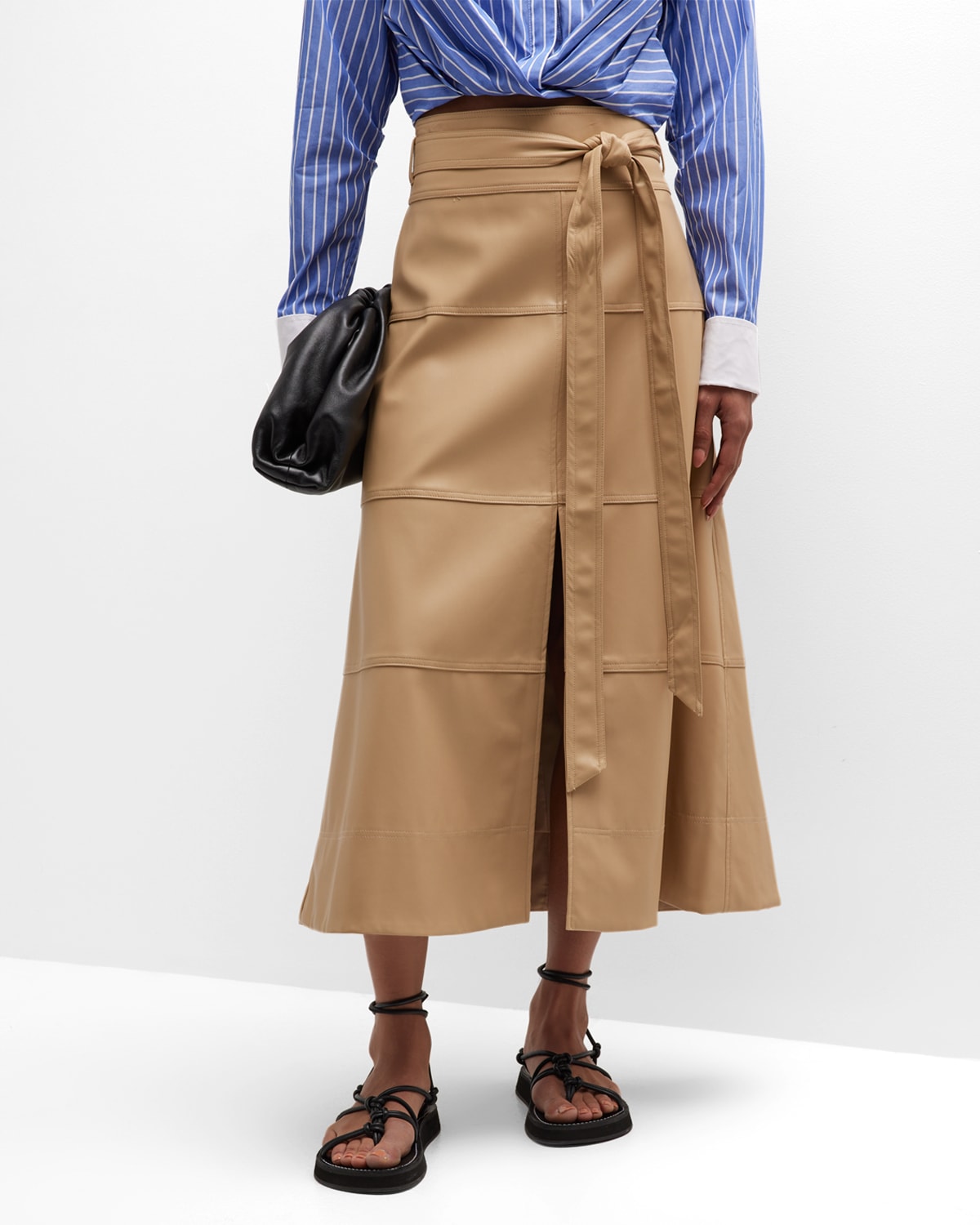 Tanya Taylor Hudson Faux Leather Belted Tiered Seam Midi Skirt In Ginger Root
