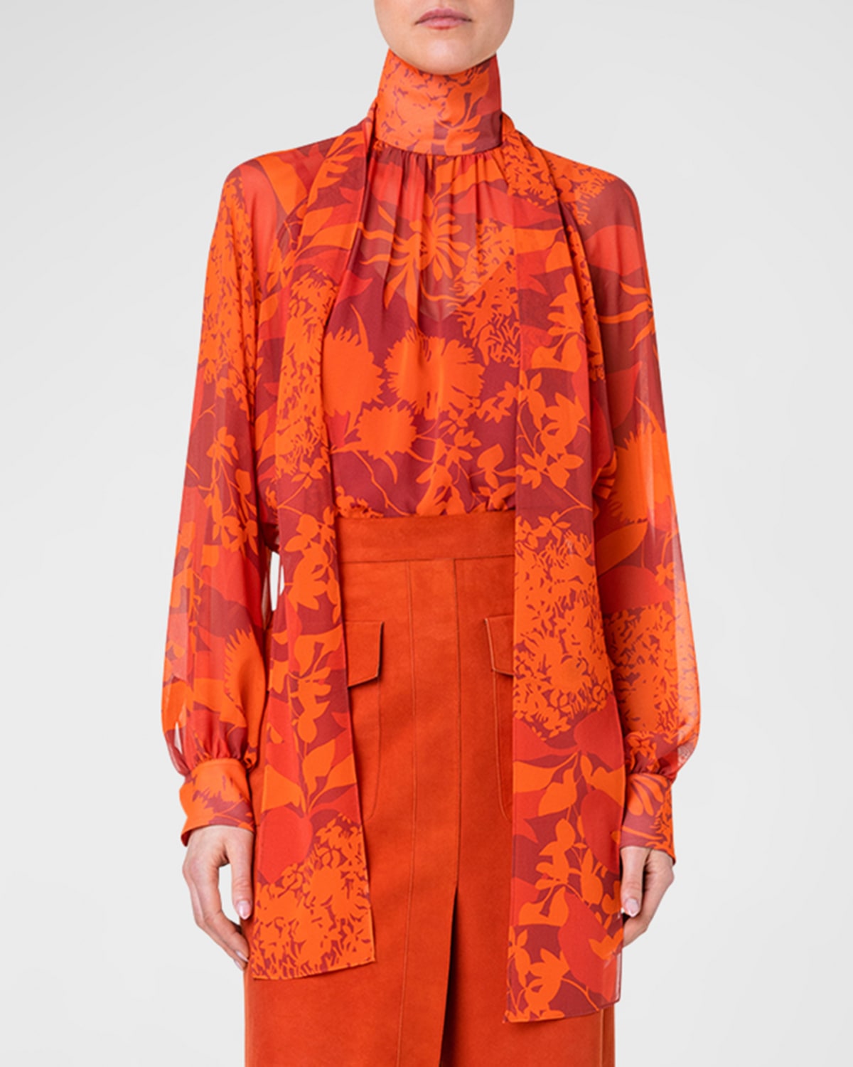 Floral Silk Georgette Scarf-Tie Blouse