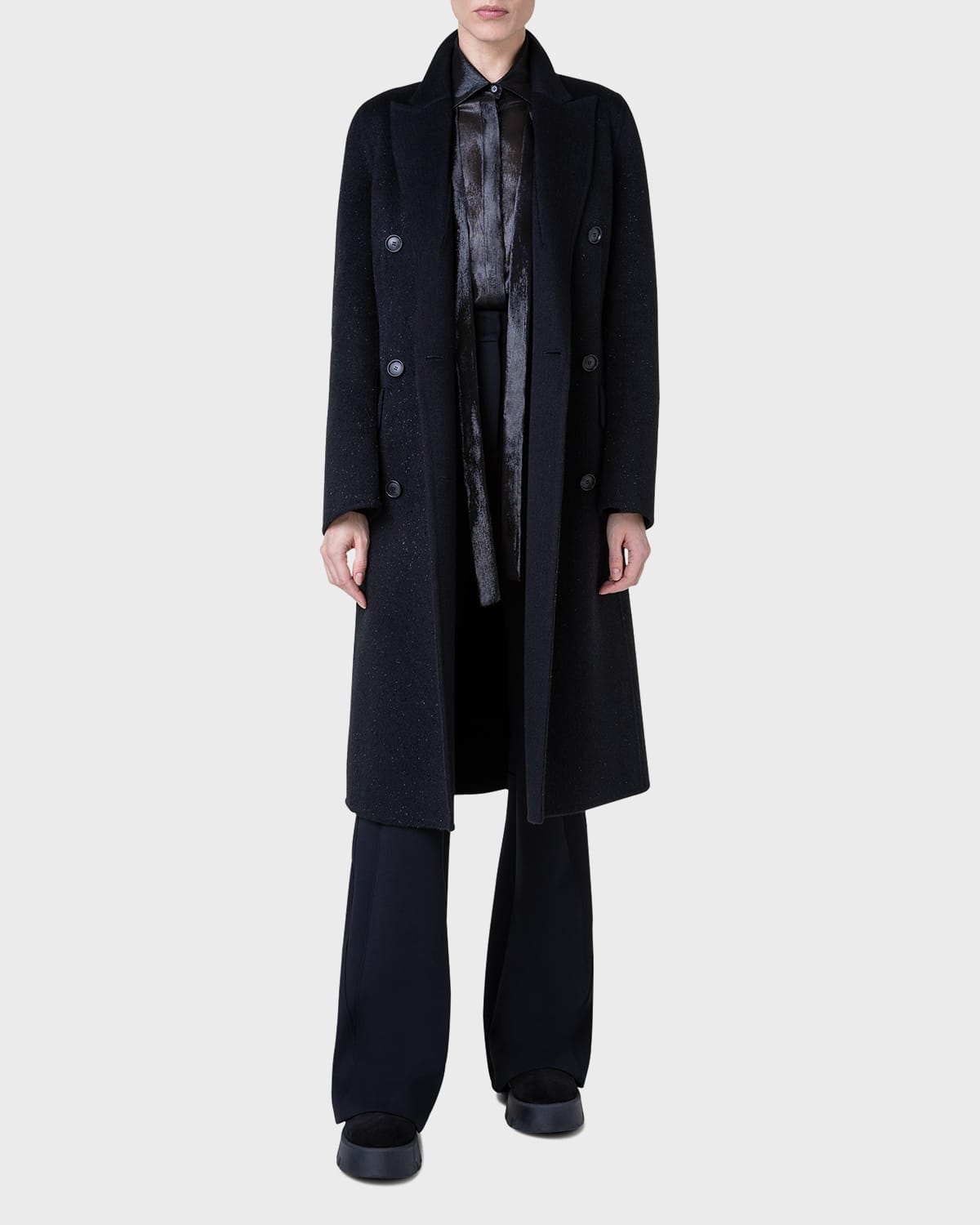 Cashmere-Blend Long Peacoat with Lurex Detail