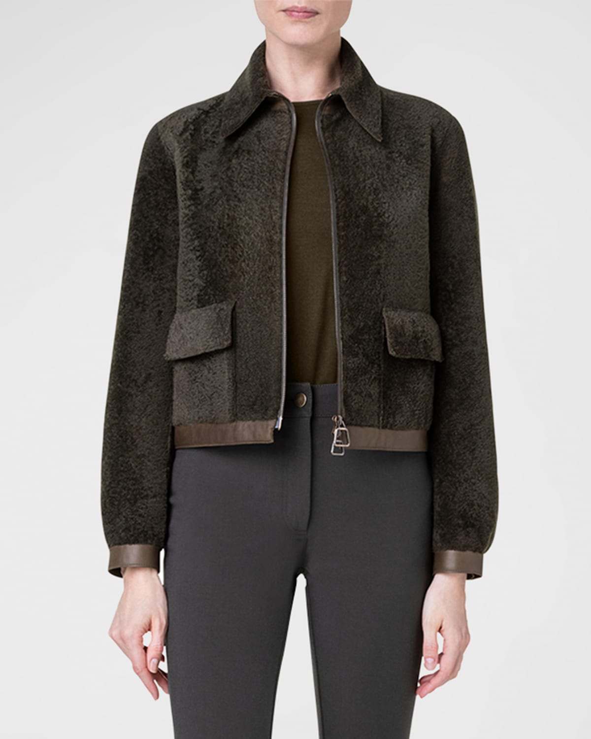 AKRIS SHEARLING SHORT JACKET WITH LEATHER TRIM