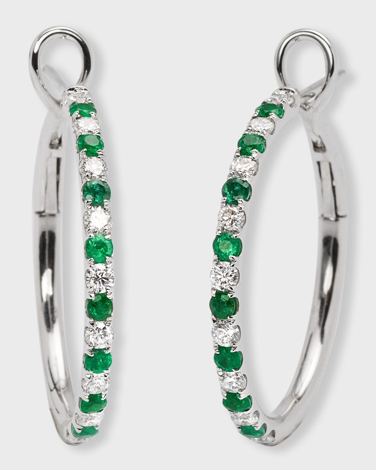 18K White Gold Alternating Diamond and Emerald Hoop Earrings
