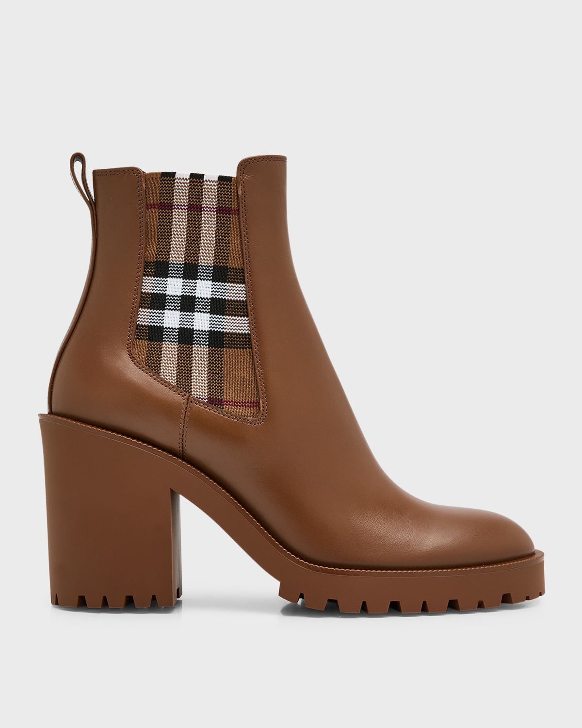 Shop Burberry Allostock Leather Check Heeled Chelsea Booties In Dark Birch Brown