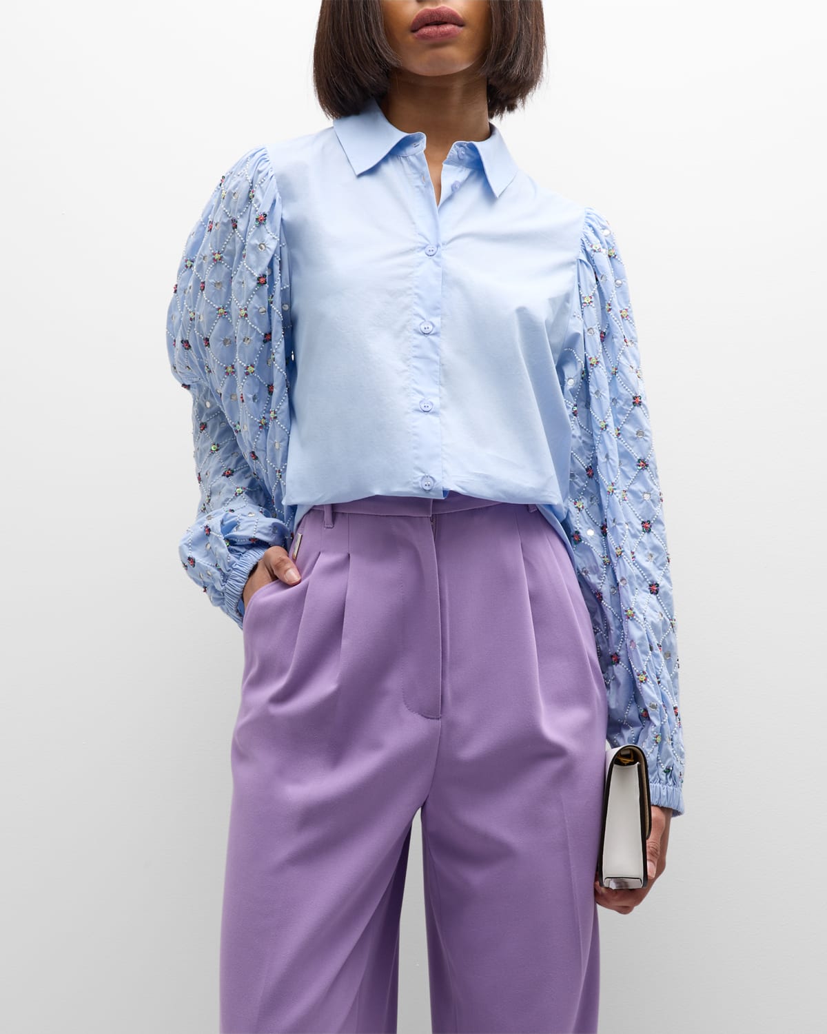 Essentiel Antwerp Darmot Embellished-Sleeve Button-Front Poplin Shirt