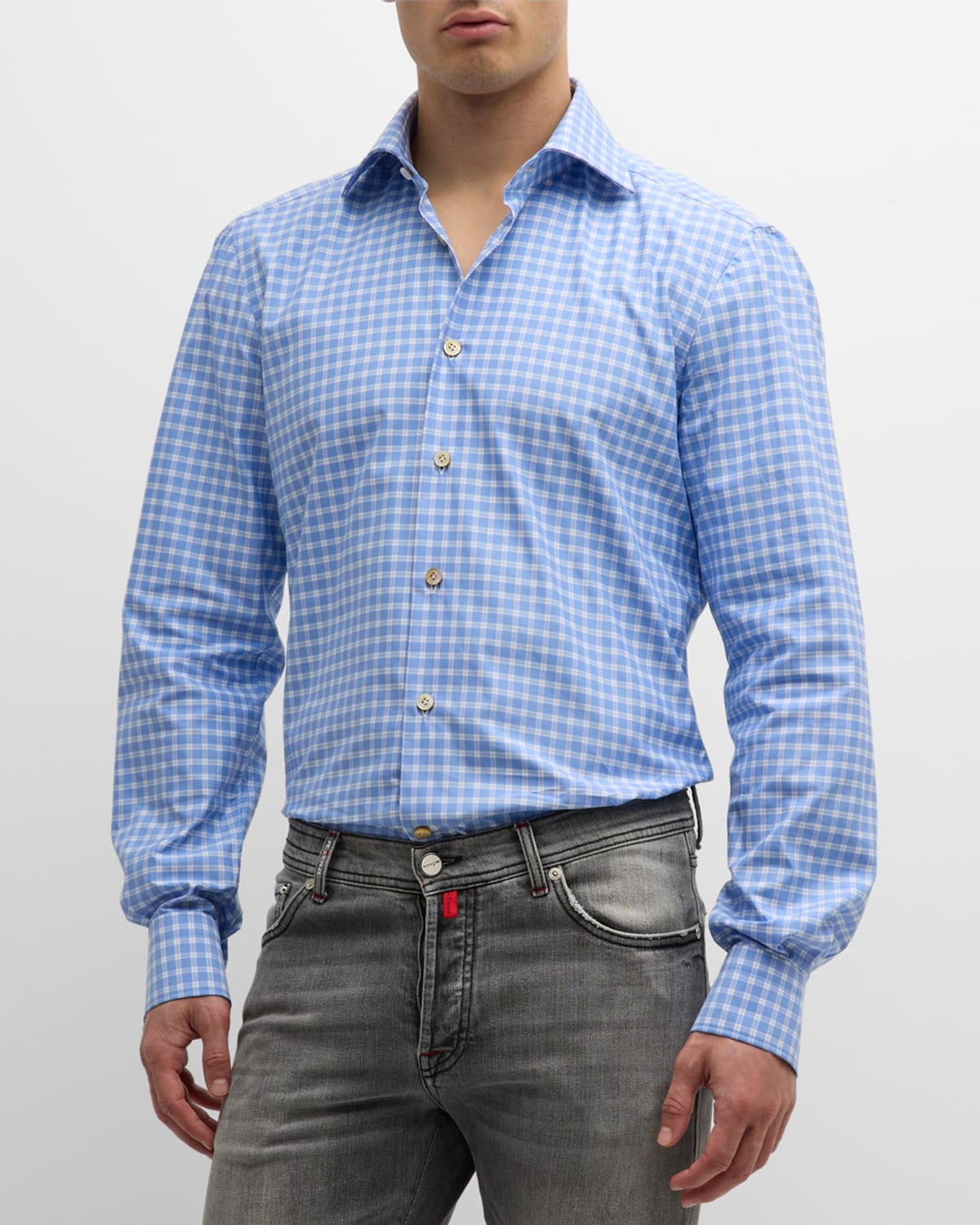 Kiton Men's Check-print Cotton Sport Shirt In Light Blue