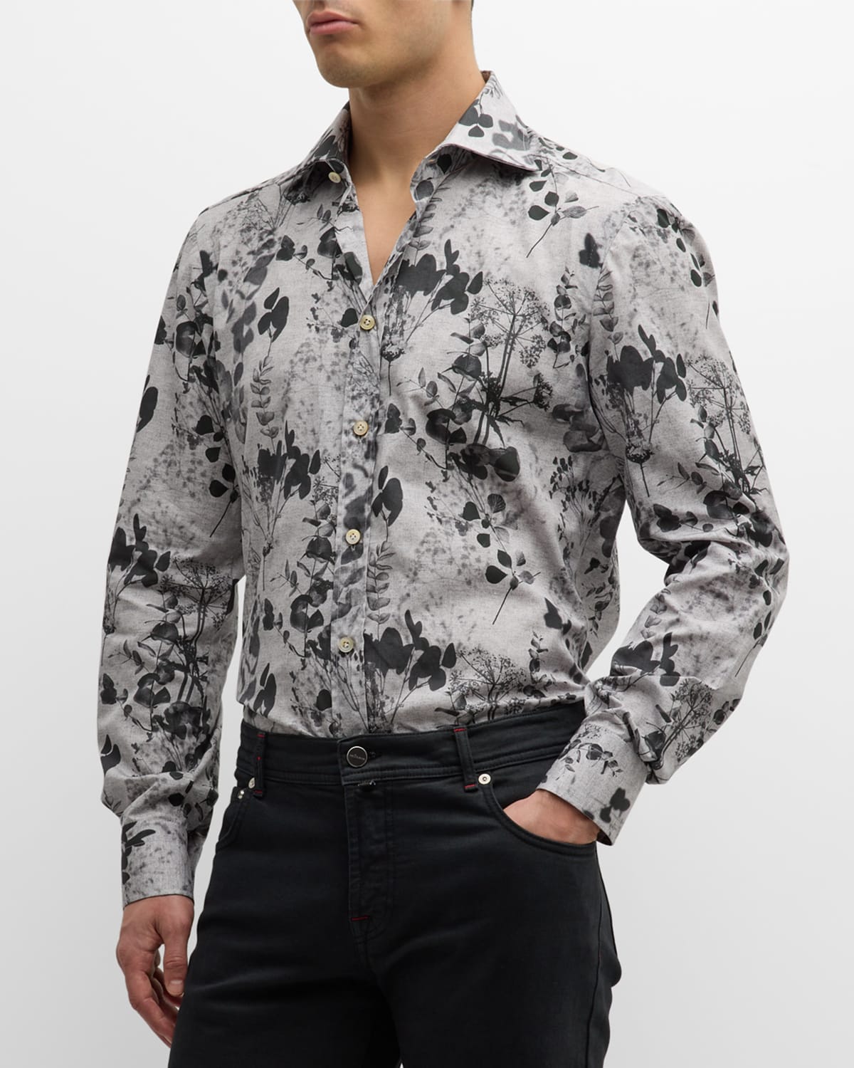Kiton Men's Floral-print Cotton Sport Shirt In Light Gray