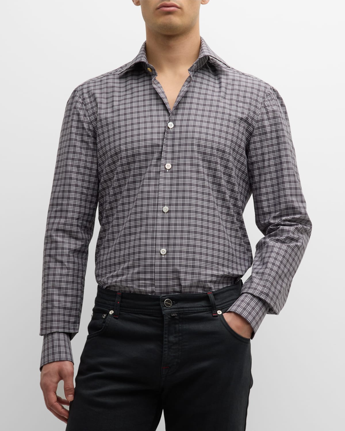 Kiton Men's Check-print Cotton Sport Shirt In Dark Gray