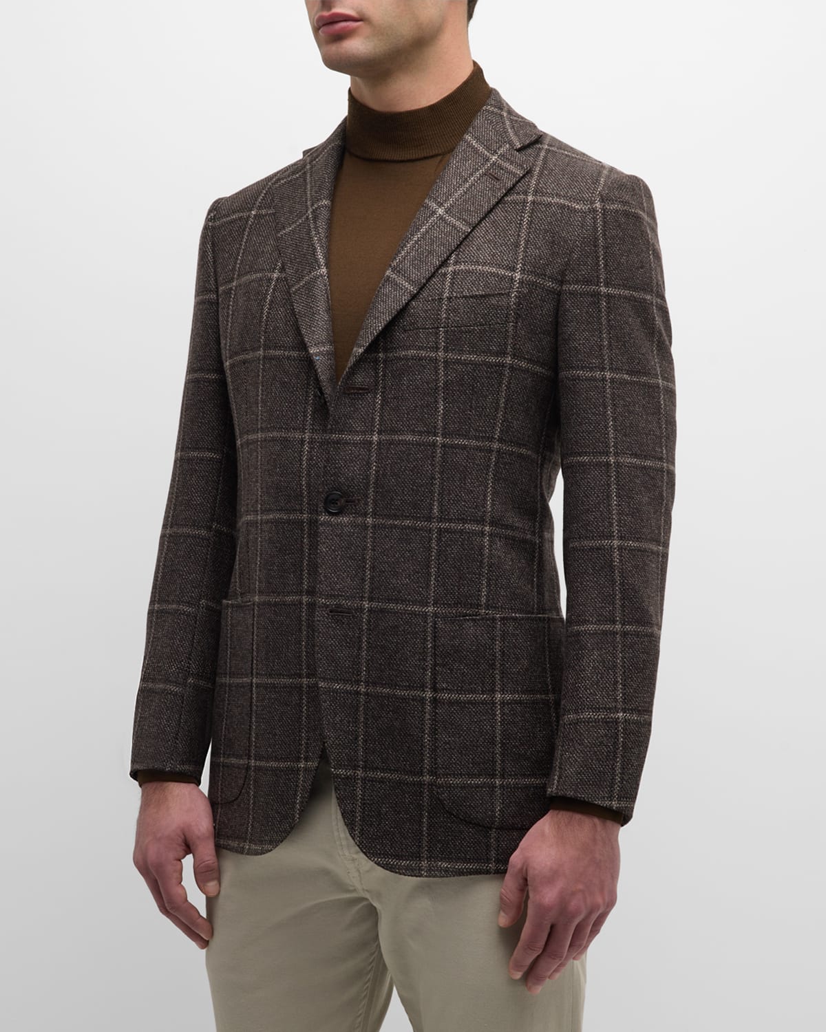 Shop Kiton Men's Cashmere Windowpane Sport Coat In Brown