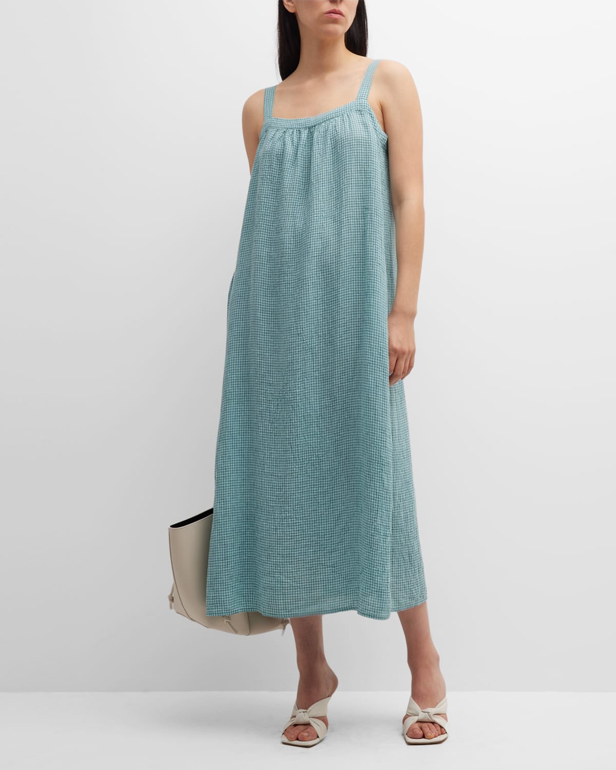 EILEEN FISHER SLEEVELESS SEERSUCKER CHECK MIDI DRESS